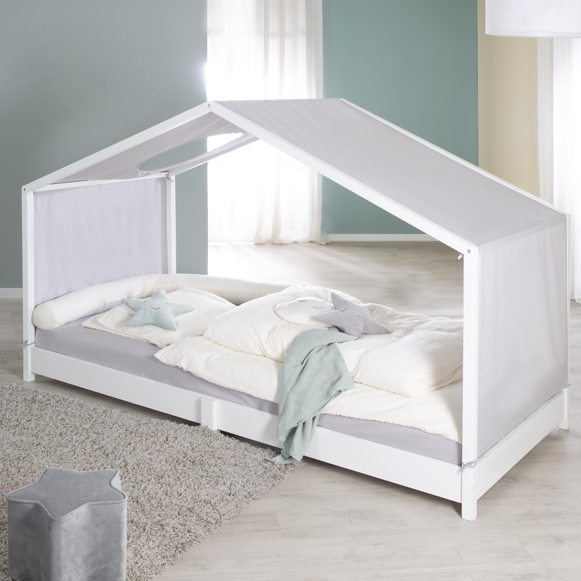 roba Cama de casa 90 x 200 cm para niños - Cama baja según el principio Montessori - Ampliable con somier, colchón y funda de cama - Madera lacada en blanco