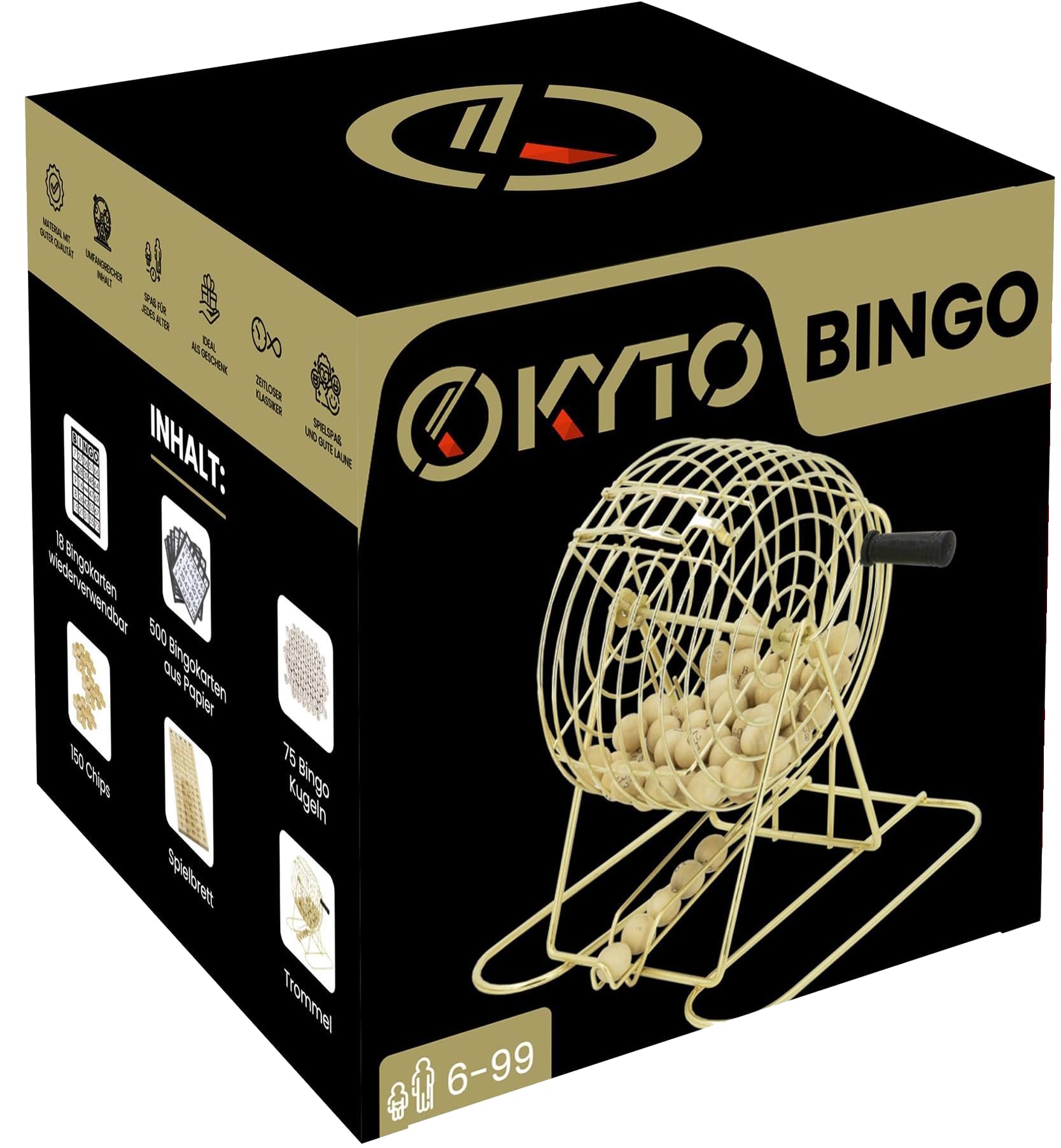 Kyto Juego de bingo Deluxe – Tambor de metal dorado y caja de madera – 75 bolas, 150 fichas, 18 tarjetas de bingo reutilizables + 500 tarjetas de bolígrafo – Juego de mesa para familia, fiestas y