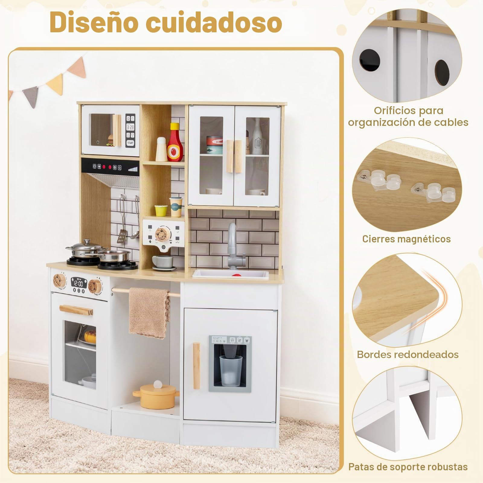 FANTASK Cocina de Juguete de Madera con luz y Sonido, Accesorios de 10 Piezas, Estufa/Fregadero/Horno y electrodomésticos múltiples, Cocina Infantil a Partir de 3 años (Blanco)