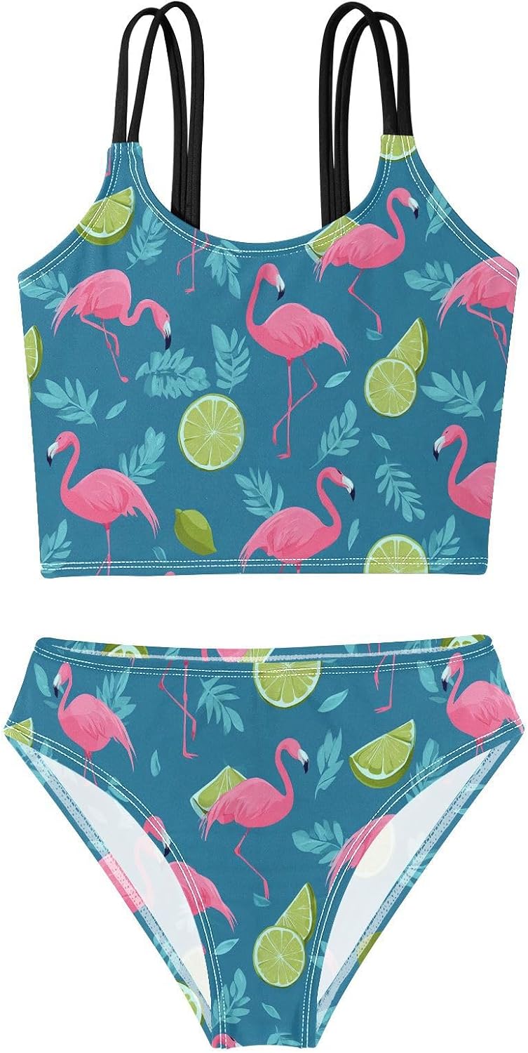 visesunny Girls Two Piece Swimsuits Blue Lemon Flamingo Girl's Bikini Sets Bathing Suits for Girls Size 5-12Y