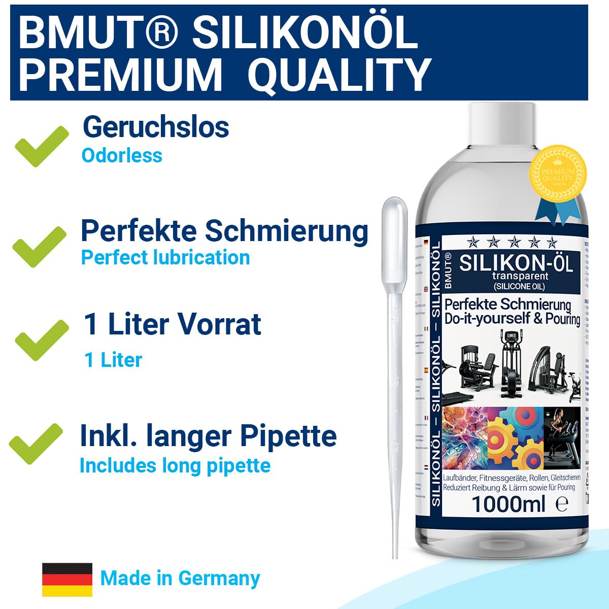 1000 ml de aceite de silicona – puro 100% – para cintas de correr – Lubricante para cinta de correr, bicicleta elíptica, bicicleta de spinning y equipos de fitness – Aceite lubricante 200 cst con