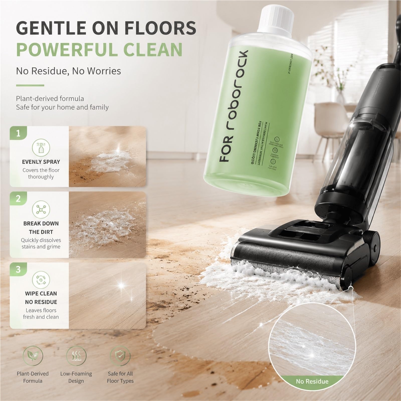 Compatible Con Roborock F25 ACE Pro Aspiradora Húmeda Y Seca, Líquido Limpiador De Suelos Espumoso 1L, Fórmula Suave, Descomposición Rápida De Manchas, Secado Rápido(2pc)