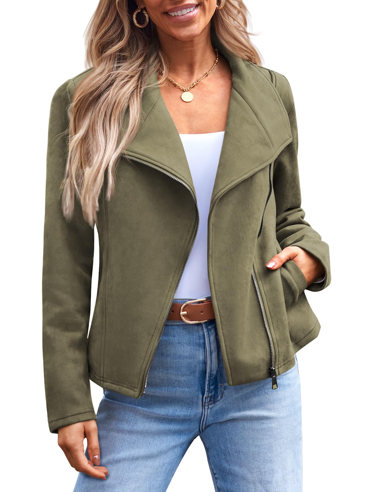 AUTOMET Women's Faux Suede Leather Jacket, Cropped Open Front Coat