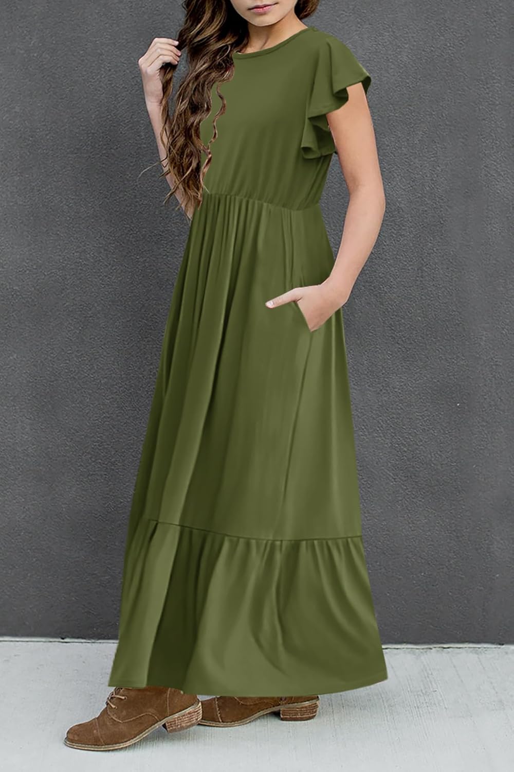 HOSIKA Girls Summer Ruffle Short Sleeve Crew Neck Loose Casual Flowy Tiered Maxi Dress with Pockets for 6-12 Y - Image 3