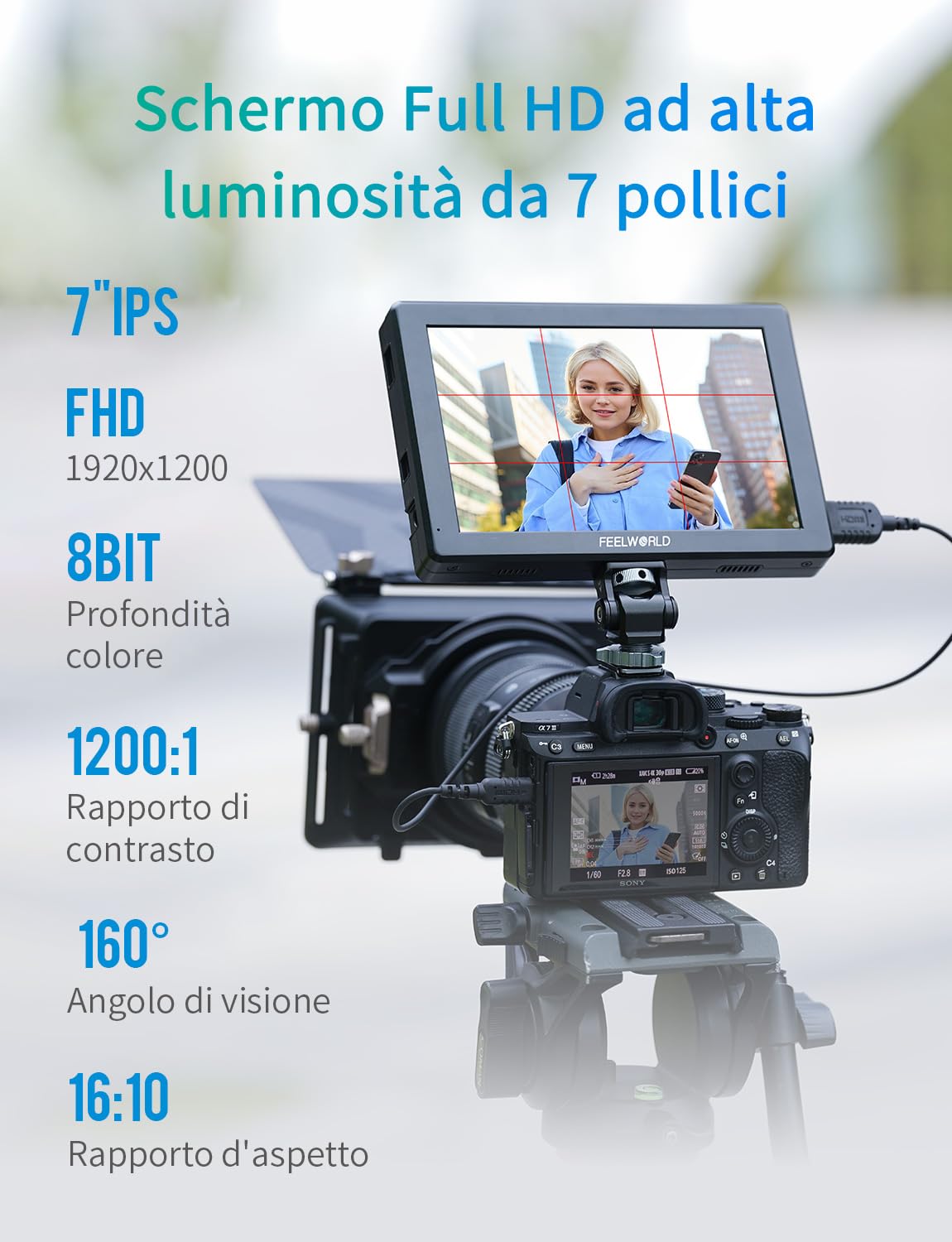 FEELWORLD T7PRO Monitor per fotocamera DSLR 2000 nit da 7 pollici in alluminio con 4K HDMI2.0 Waveform HDR 3D LUTs 9:16 Marker F750 Batteria da 4400 mAh Attacco hot shoe
