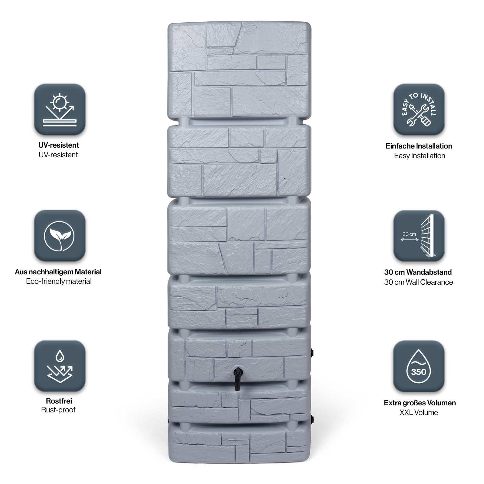 Kreher Boccetta XXL Tower Stone con rubinetto. Grande effetto pietra antracite o grigio, capacità di utilizzo 350 litri. Dimensioni (LxPxA): 57,5 x 38,4 x 180 cm (grigio)