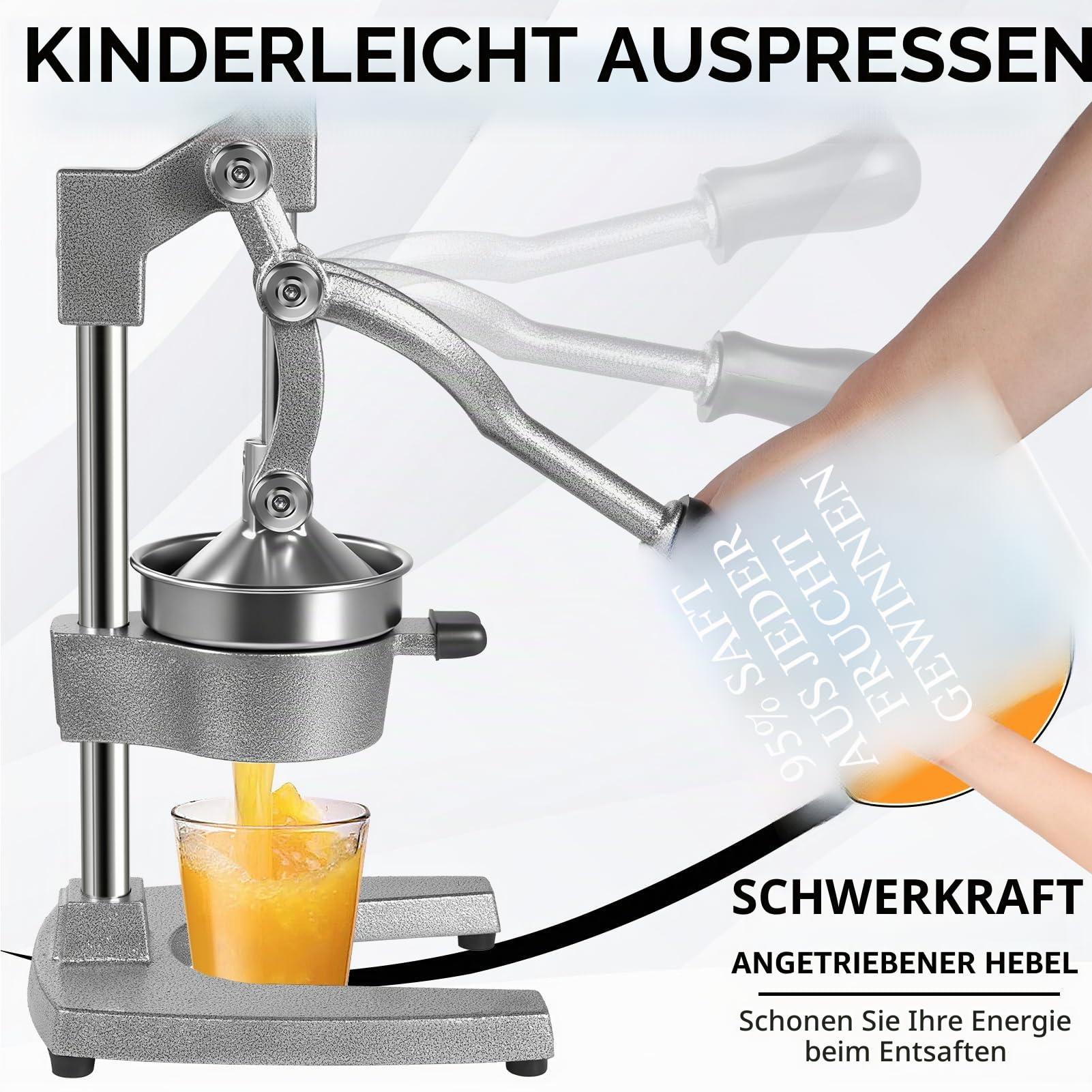Saftpresse Edelstahl, Obstpresse, Zitruspresse, Orangenpresse Manuell | Entsafter Metall, Fruchtpresse - Handpresse Cast Iron Juicer für Orangen, Zitronen, Granatäpfel, Grapefruits (Hellgrau)