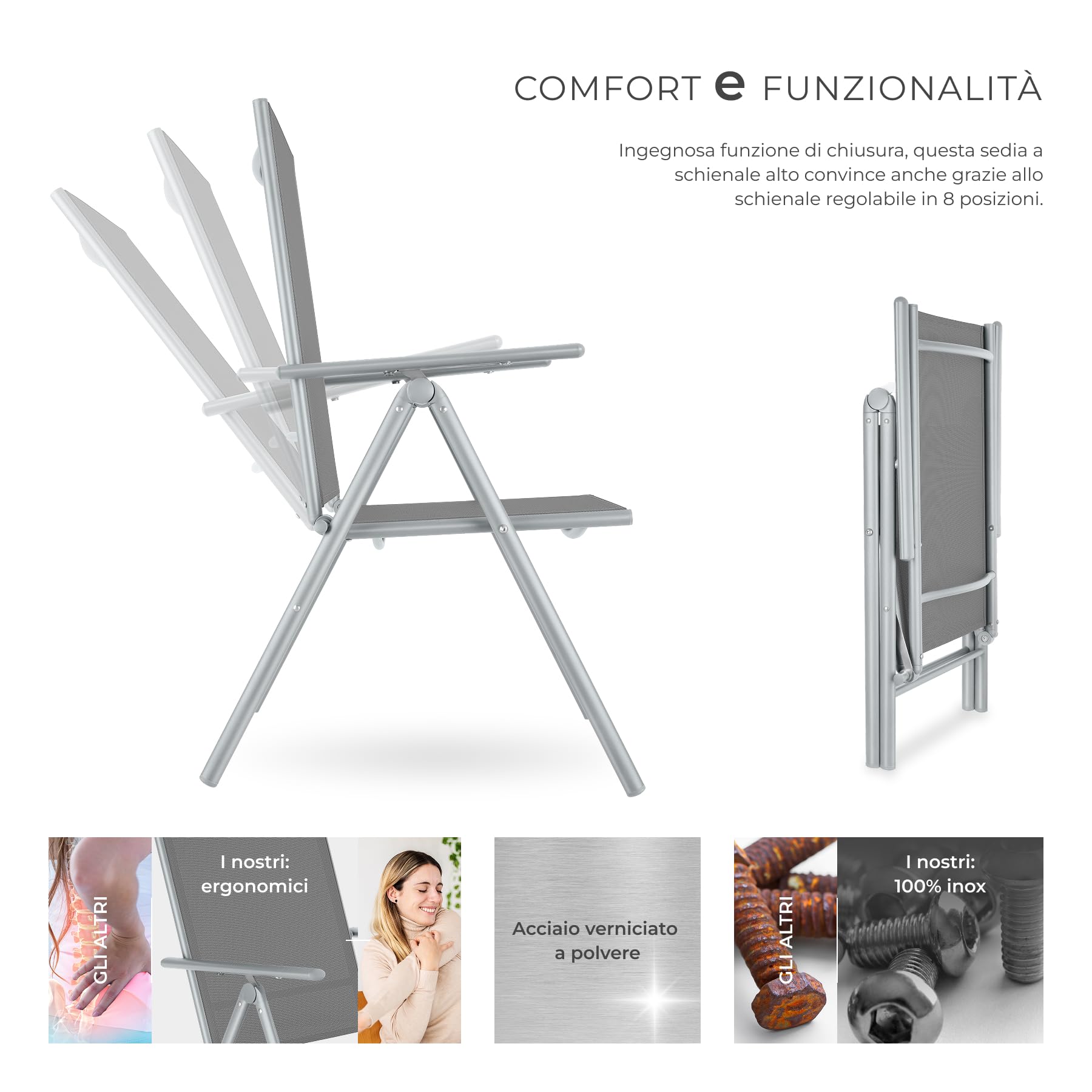 Set da 2 Sedie da Giardino in Alluminio Pieghevoli Schienale Regolabile 7 Posizioni 67x56x105cm Carico Max 110kg Grigio Argento