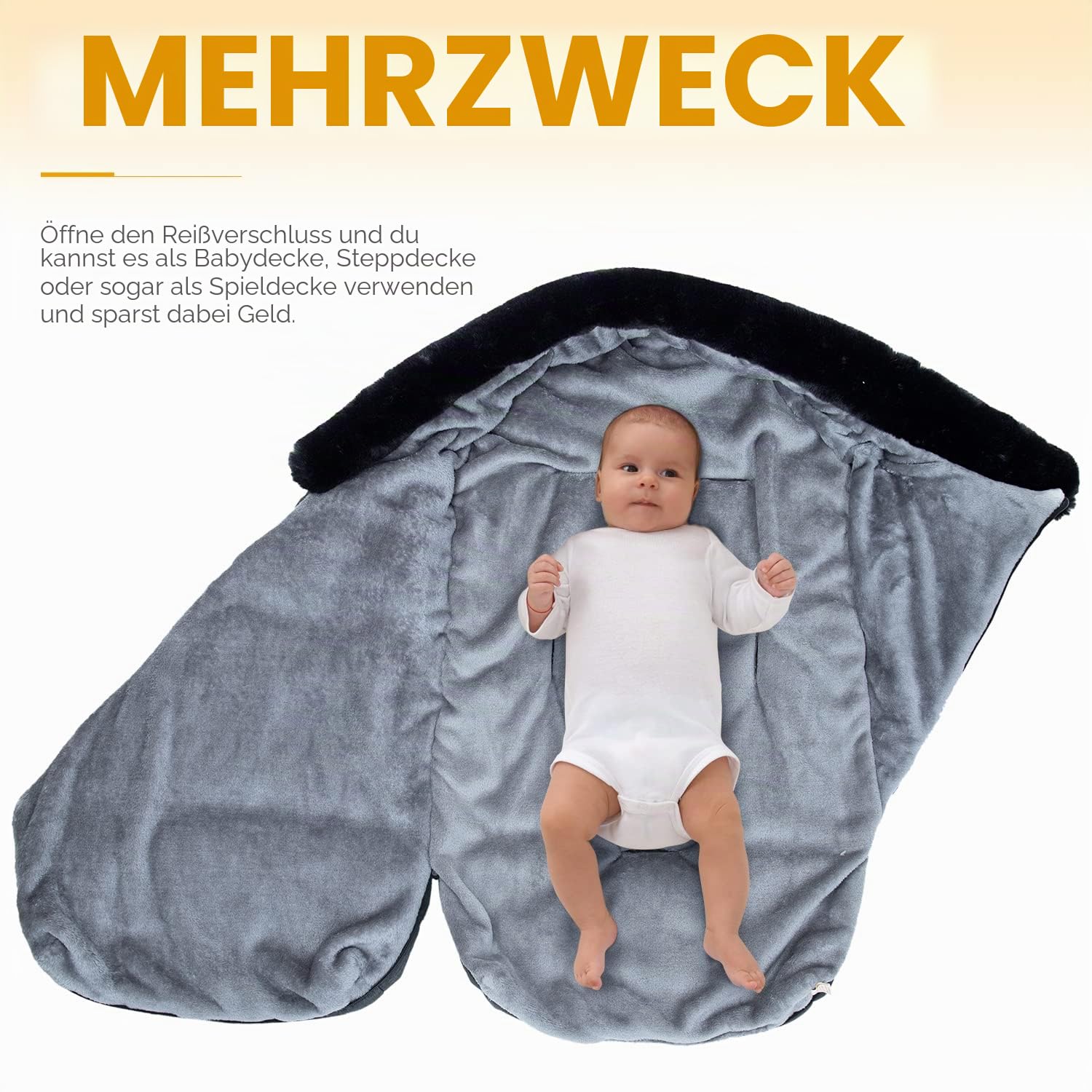 Orzbow Universelle Fußsack Kinderwagen Winter, Einstellbare Fußsack Buggy mit Zwei-Wege-Reißverschluss, Warm Fusssack Baby mit Pelzkragen, Waschbar, Abnehmbar, Dunkelgrau