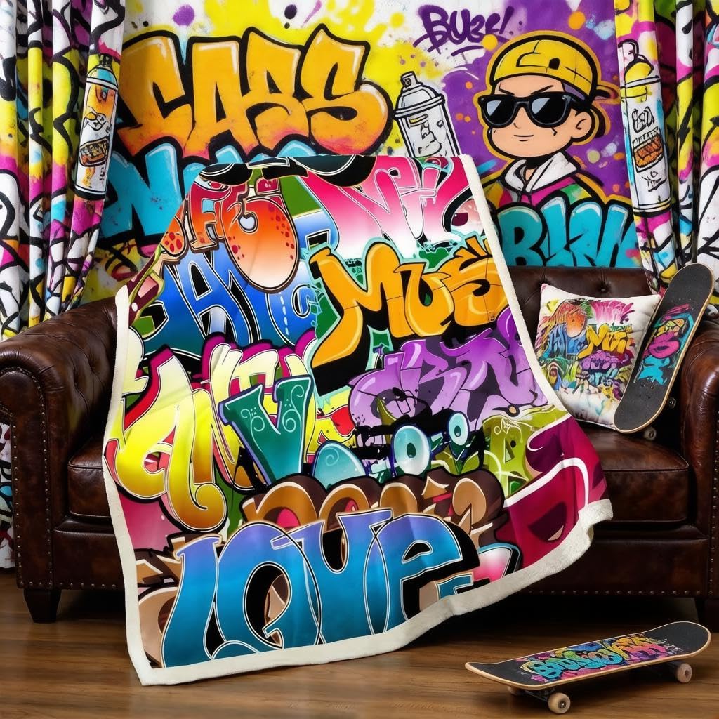 Loussiesd Boys Sx2650mtlyp Hippie Graffiti Style Sherpa Blanket Kids Hip Hop Street Culture Fleece Throw Blanket Teens Colorful Graffiti Pattern Plush Blanket Hipster Fuzzy Blanket For Sofa Bed Couch Single 50X60 Inch