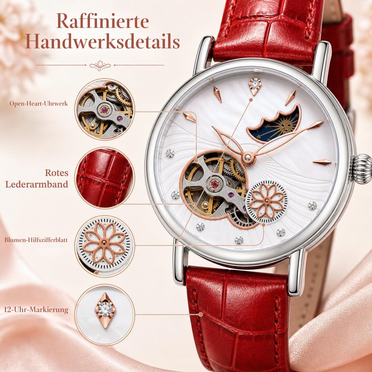 Luxuriöse automatische mechanische Damenuhren, Edelstahl, Skelett, Mondphase, Zifferblatt, selbstaufziehendes Lederband, wasserdicht, Damenarmbanduhr