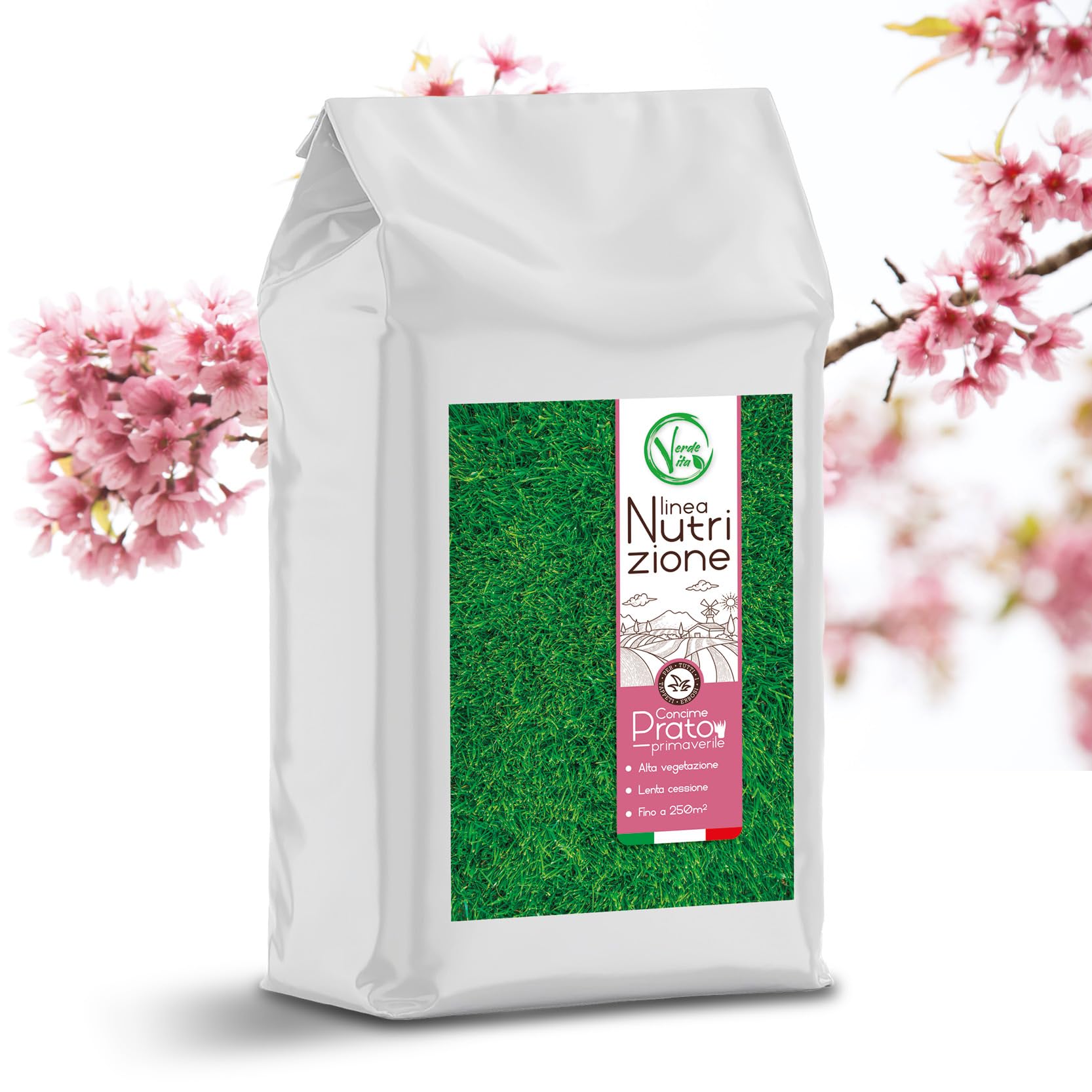 VerdeVita Concime Prato Primavera, Fertilizzante Antimuschio e per Nutrizione, Colore Verde Intenso, Made in Italy, Compatibile con Robot Rasaerba (250m²)