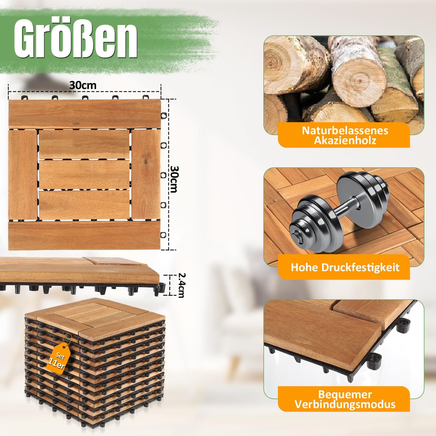 Holzfliesen Terrassenfliesen, 5m² 55 Stück Gartenfliesen 30 x 30 cm, Balkonfliesen aus Akazien Holz, Klickfliesen Terrassenfliese 6 Latten Fliese für Garten, Terrasse, Balkon