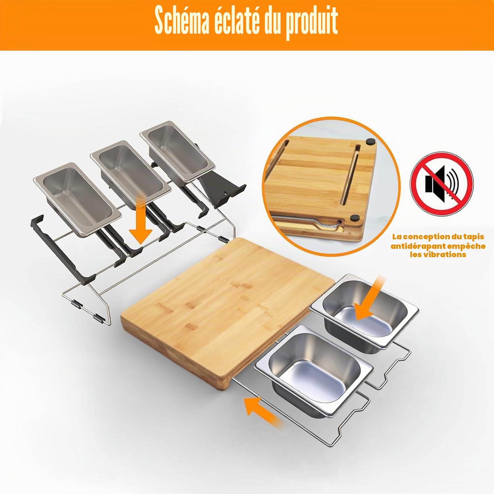 Planche à découper en bambou avec bac de recyclage Grande cutting board Comprend 5 récipients de conservation alimentaires en acier inoxydable et 1 support pour téléphone/tablette (40 × 28 × 3,2 cm)