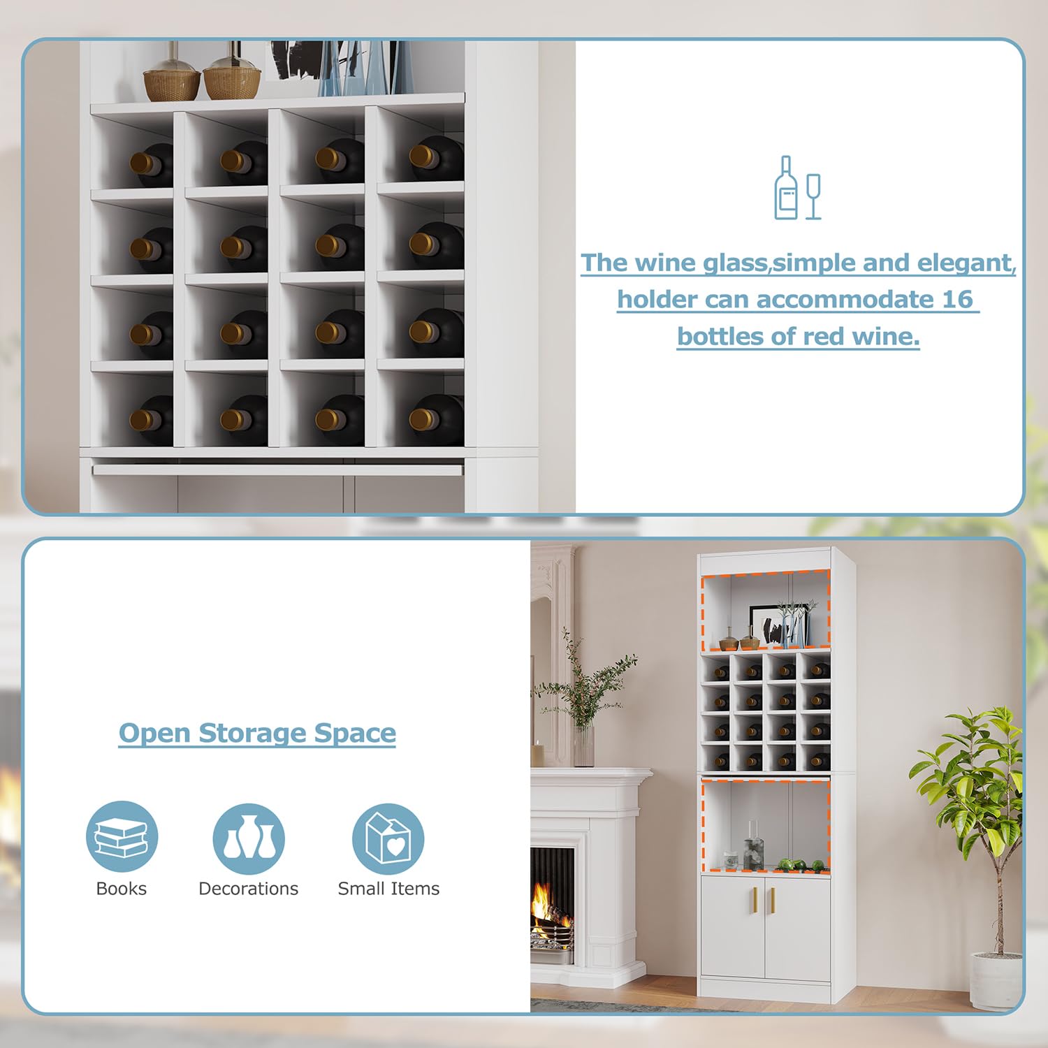 Armario de cocina 180 x 50 x 40 cm, armario de vitrina con 2 puertas, armario alto con 16 compartimentos para vino, estantería para salón, comedor (blanco)
