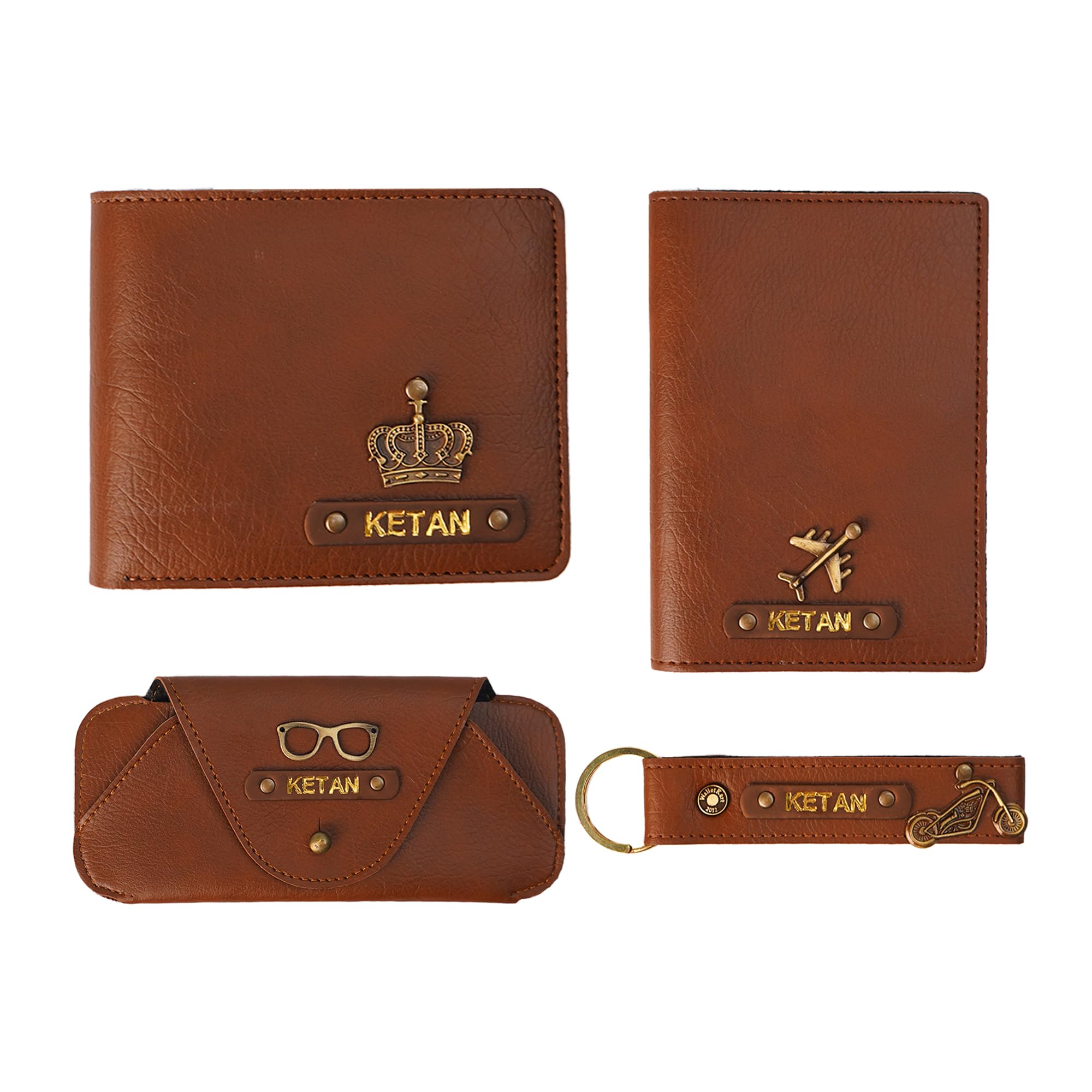 Customized Leather Name Men's Wallet Keychain Passport Cover and Eyewear Case with Name and Charm (TAN)-image-26