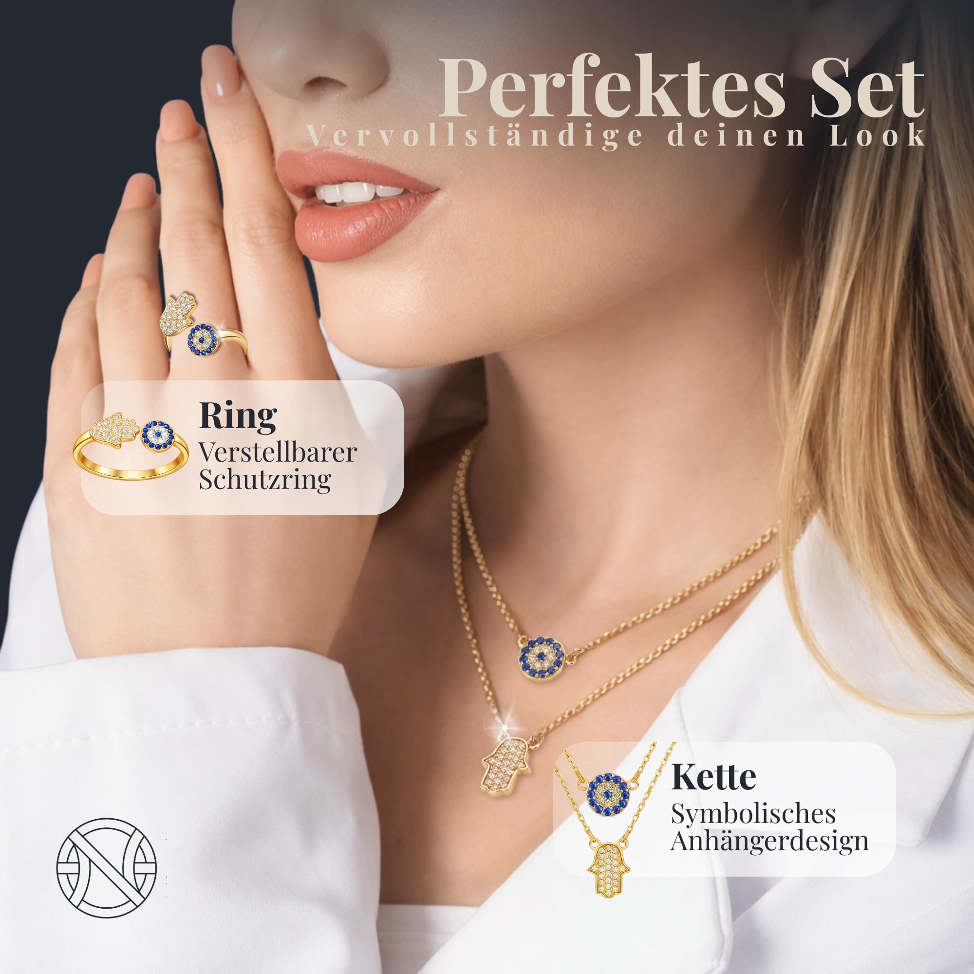 Nesfinity Nazar Boncuk Ring 925 Silber vergoldet | Verstellbarer Damenring | Fatima Hamsa & Evil Eye Talisman | Türkisches Auge Schmuck Geschenk | Goldring | Böser Blick | Goldkette | Silberhalskette