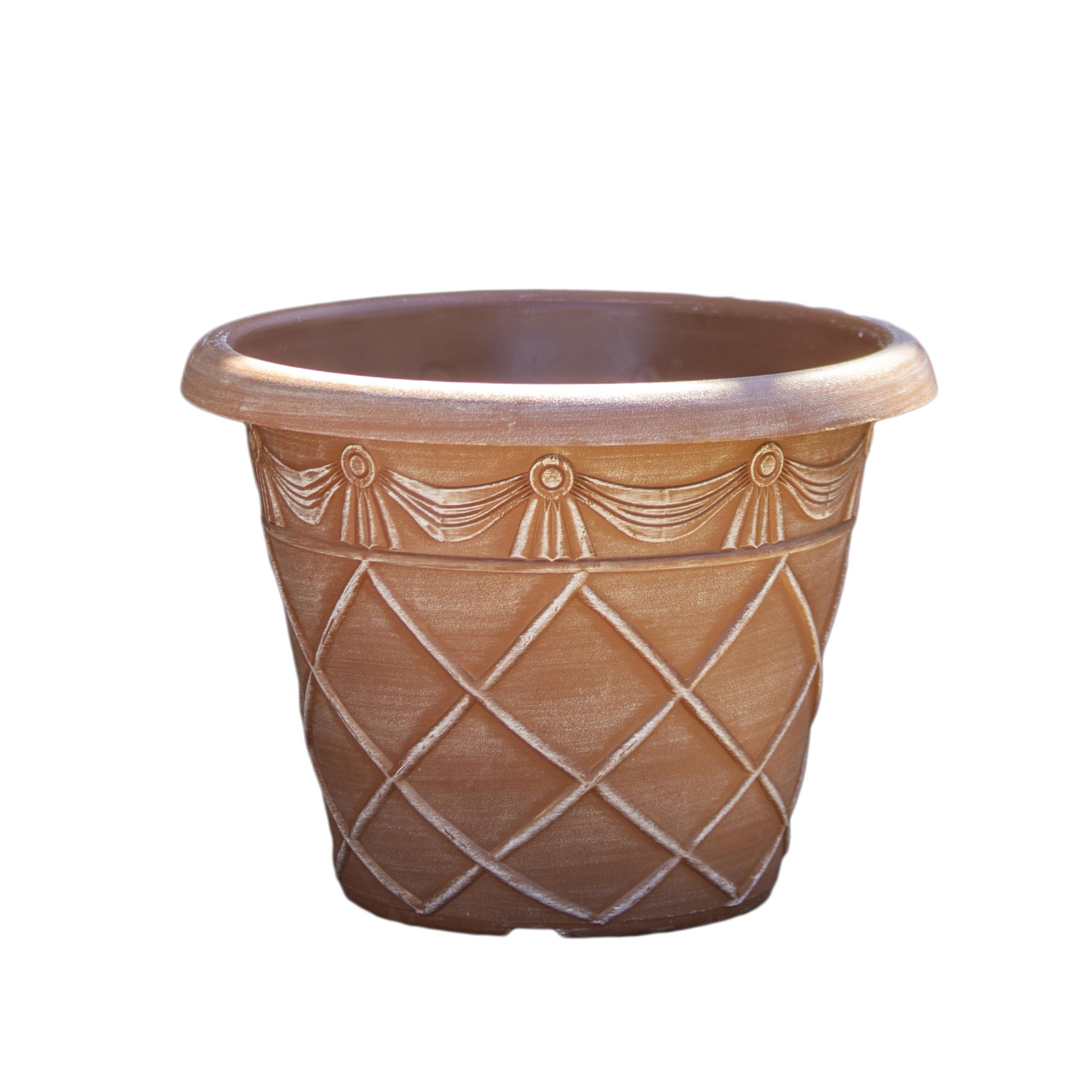 Darthome Round Terracotta-Coloured Roman Planter, Plastic, Tuscany-Inspired Pattern, Outdoor Garden Pot, Brown, with Drainage Holes (1, Medium 35cm)