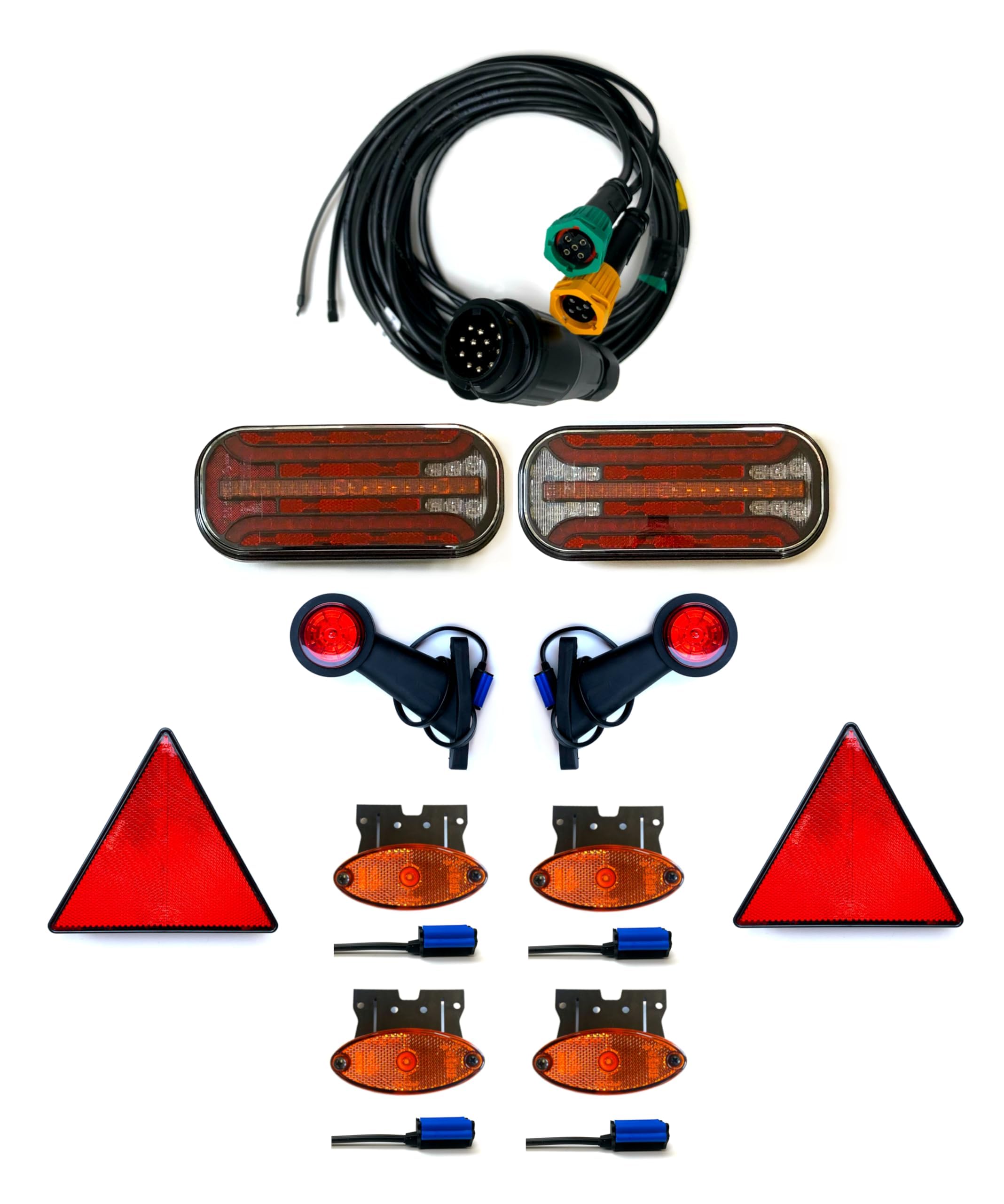 Anhängerbeleuchtung Set – 2x LED Rückleuchte 6 Funk. Dynamischer Blinker + Umrissleuchten + Seitenleuchten + Kabelsatz 13-polig 4,5-11,5 m 12V/24V E9 (Kabel 7,7m/5,3m)