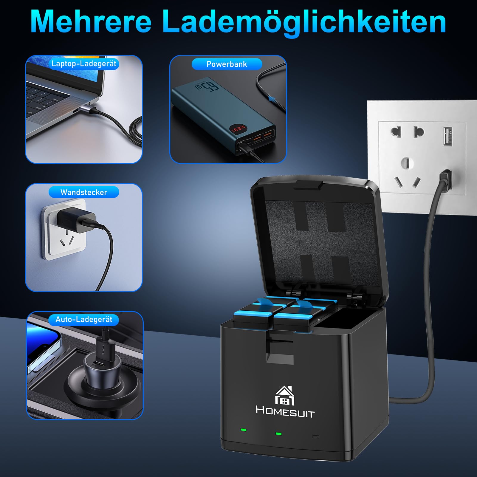 Homesuit Hero 12 11 10 9 akumulator 1800 mAh i 3-kanałowa ładowarka LED USB zestaw z typem C do GoproHero12Black, GoproHero11Black, GoproHero10Black, GoproHero9Black (2 sztuki)