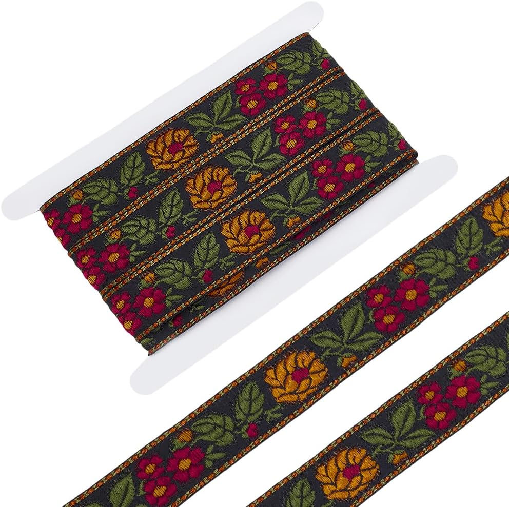 FINGERINSPIRE 5.5 Yards Ethnic Style Embroidery Flower Ribbon 1-1/4 Inch Wide Black Floral Jacquard Vintage Woven Trim for DIY Crafts Sewing Clothing