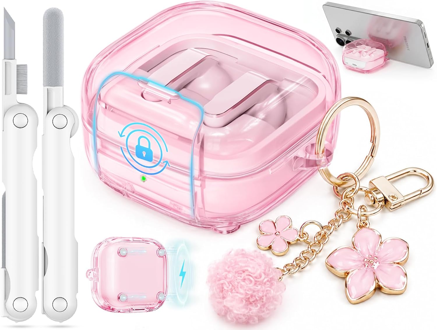 Clear Case for Samsung Galaxy Buds 4 Pro/Galaxy Buds 4 Case 2026 with Safety Lock,Compatible with MagSafe,Soft TPU Cover with Phone Stand & Cleaner Kit,Bling Keychain for Women Girls-Clear Pink