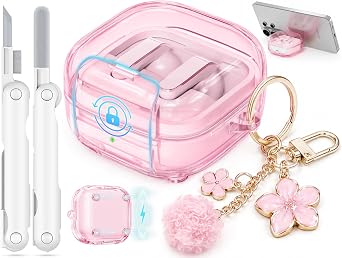 Clear Case for Samsung Galaxy Buds 4 Pro/Galaxy Buds 4 Case 2026 with Safety Lock,Compatible with MagSafe,Soft TPU Cover with Phone Stand & Cleaner Kit,Bling Keychain for Women Girls-Clear Pink