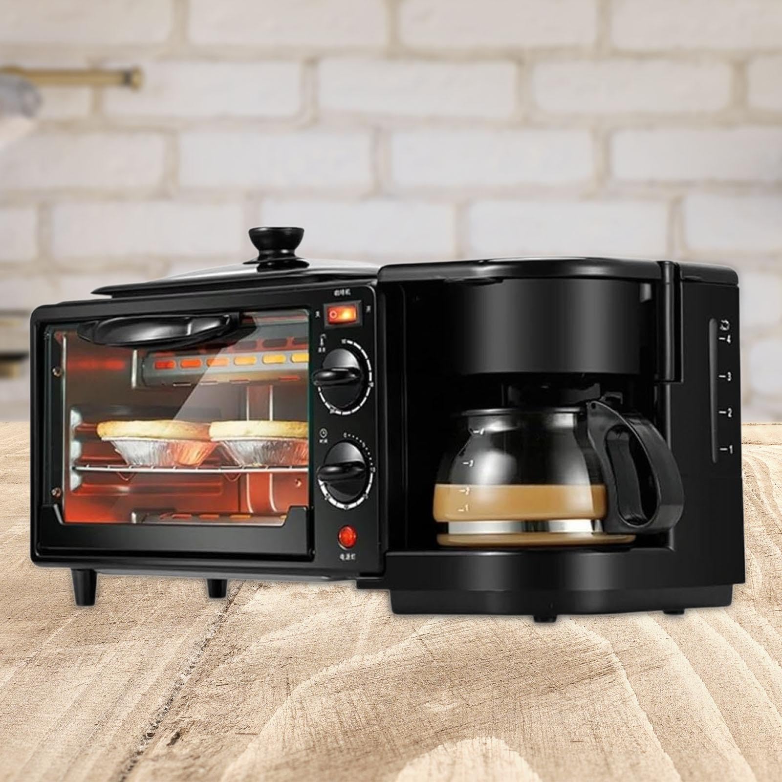 Gralara Máquina de Desayuno 3 en 1 Tostadoras Horno Horno con Temporizador Incluye Cafetera Estaciones de Desayuno Eléctricas Huevo