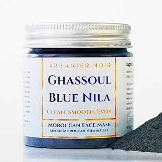 Arganier Noir Moroccan Ghassoul Clay Powder Mixed with Pure Blue Nila Best to Deep Clean and Even Your Skin Tone. (Powder Mask) 4oz.
