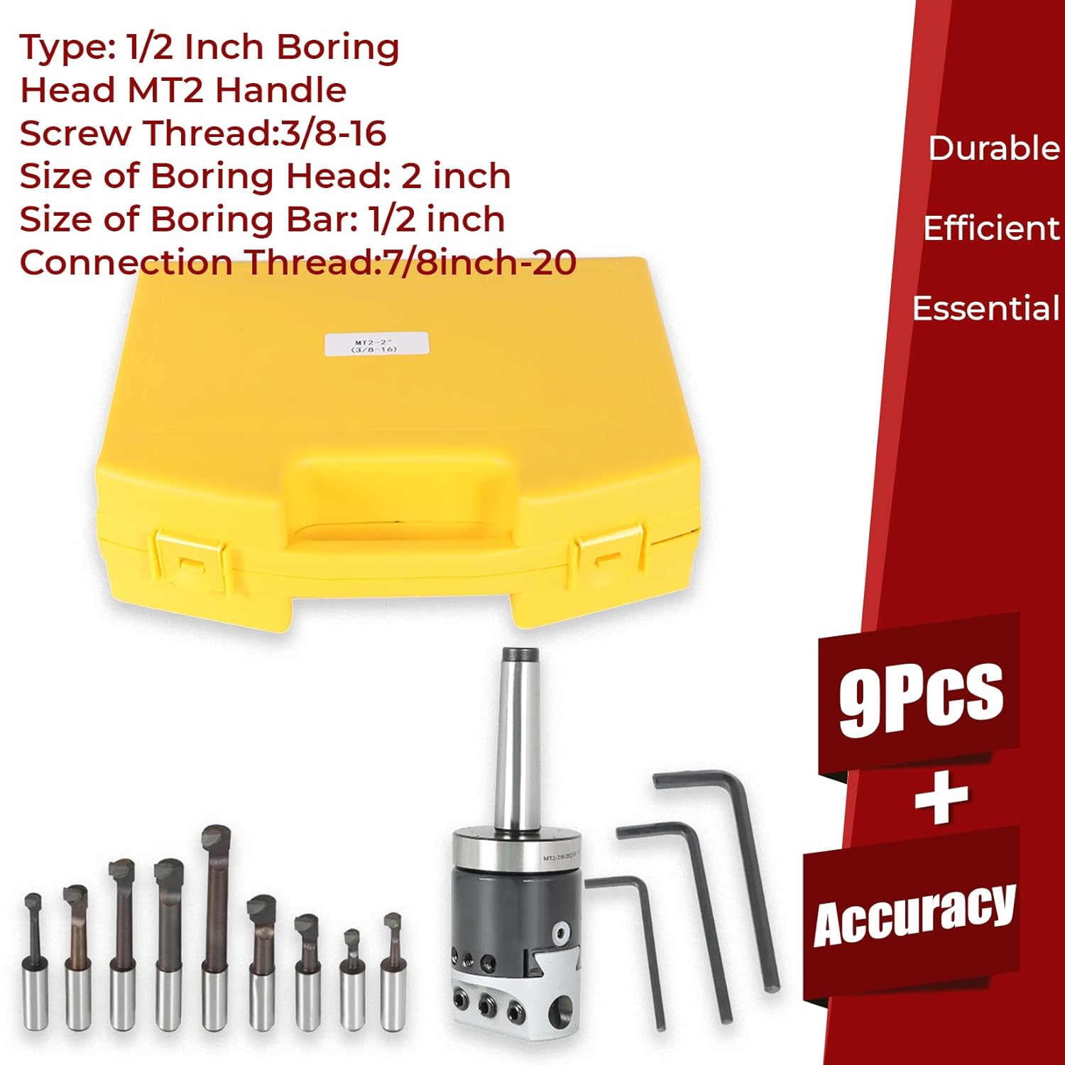 findmall 9Pcs Boring Head 1/2 Inch Carbide Boring Bar Set Milling with MT2 Handle 3/8-16 Thread 2 Inch Boring Bar Set