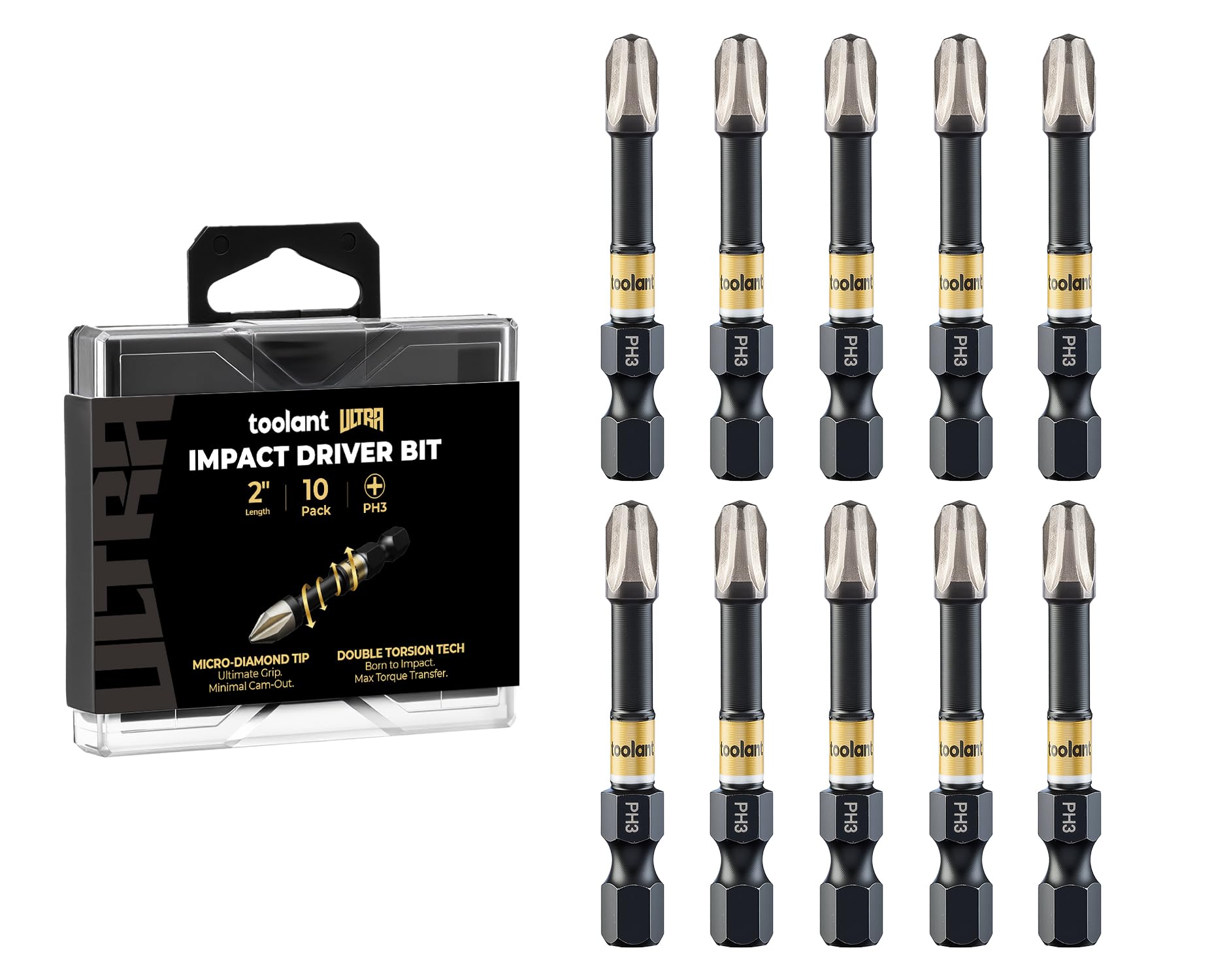 toolant PH3 Phillips Impact Bit Set, 2 Inch, 10-Piece, Magnetic
