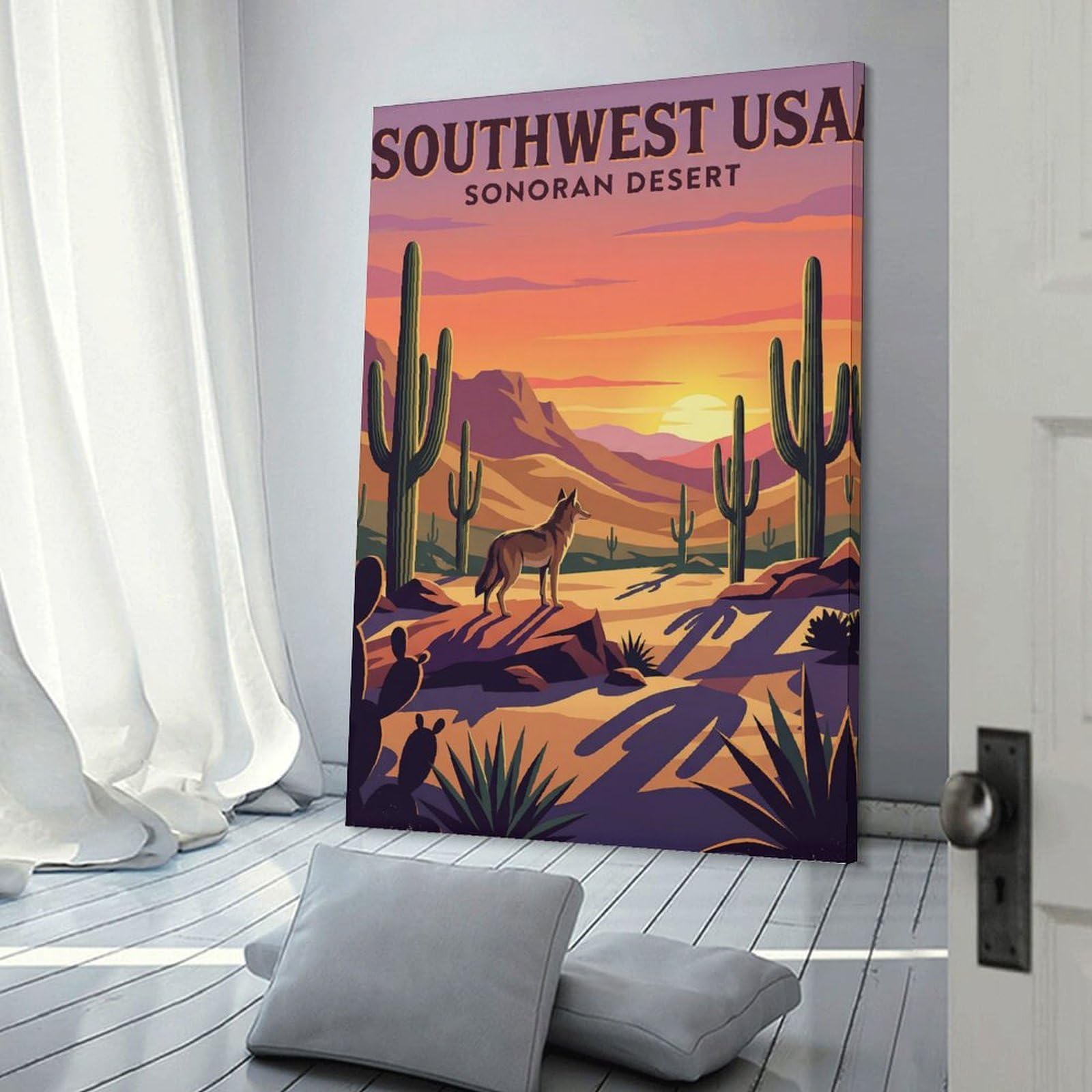 Junmoney Room Decor Wall Art Southwest USA Sonoran Desert Coyote, 24x36inch(60x90cm), for Workspace Walls, Study Corners Or Bedrooms, A Smart Decor Choice for Study Walls