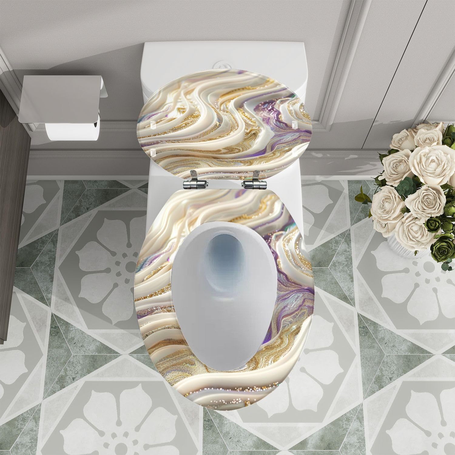Asiento de inodoro decorativo alargado de resina, bisagras de liberación rápida, cierre suave, fácil instalación, vetas de mármol morado y dorado.