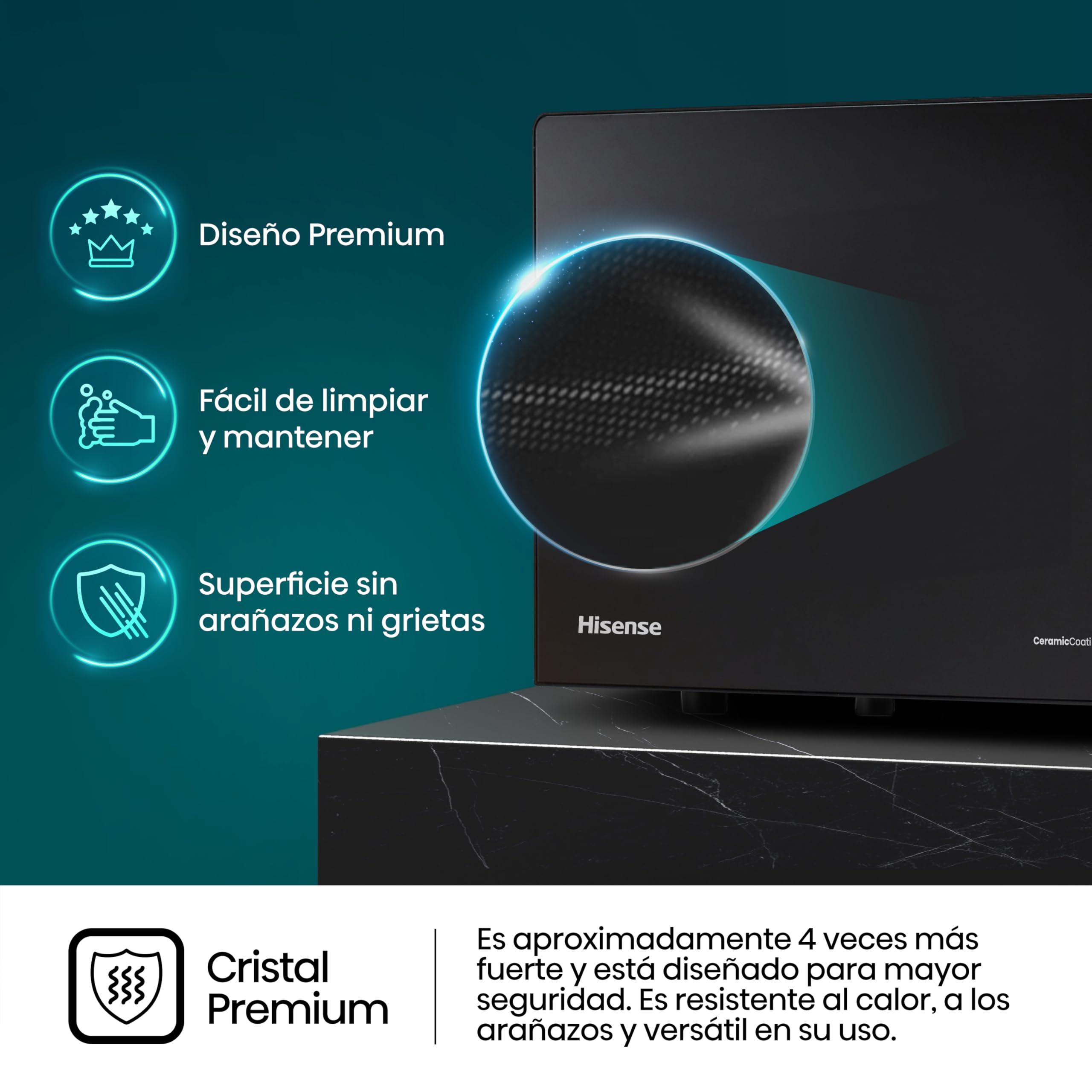 Hisense H23MOBSD1H - Microondas Digital con Grill 23L, 800W, Revestimiento Cerámico, Cristal Premium, 10 Niveles de Potencia, Función de Descongelación, 9 Programas Automáticos, Fácil limpieza