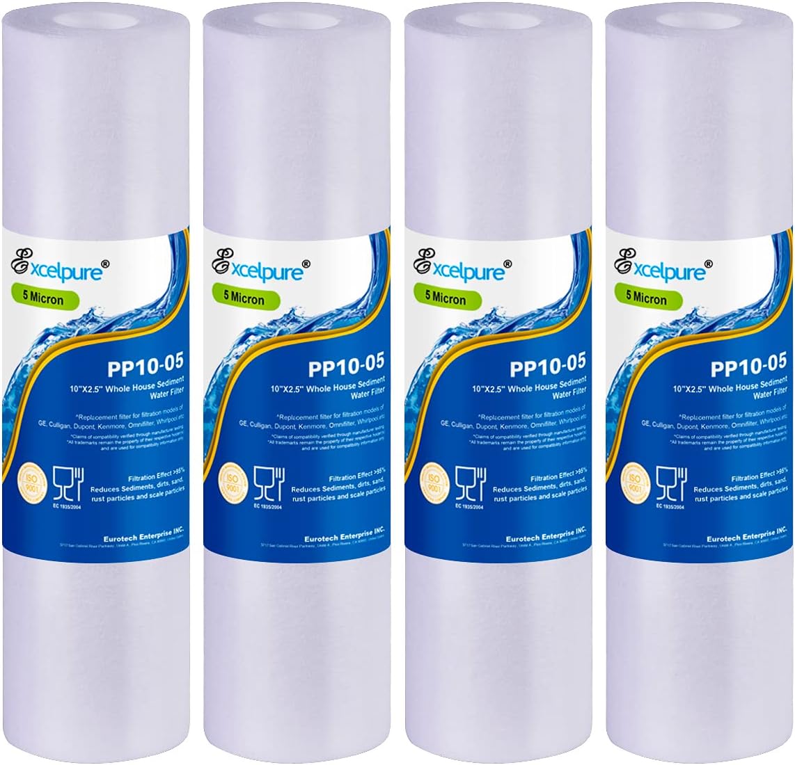 EXCELPURE 5 Micron 10" x 2.5" Whole House Sediment Home Water Filter Cartridge Replacement for Any 10 inch RO Unit, Culligan P5, Aqua-Pure AP110, Dupont WFPFC5002, CFS110, WHKF-GD05, PP10-05, 4PACK