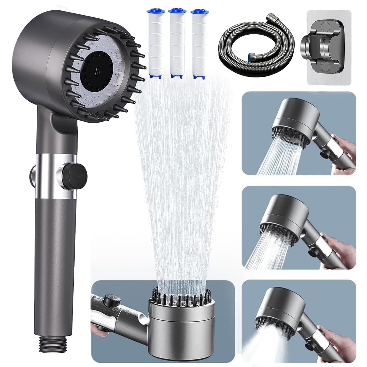 ButterFox High Pressure Shower Heads with Hard Water Filter and 4 Mode Handheld Shower with Pause Switch, Massage and Save Water