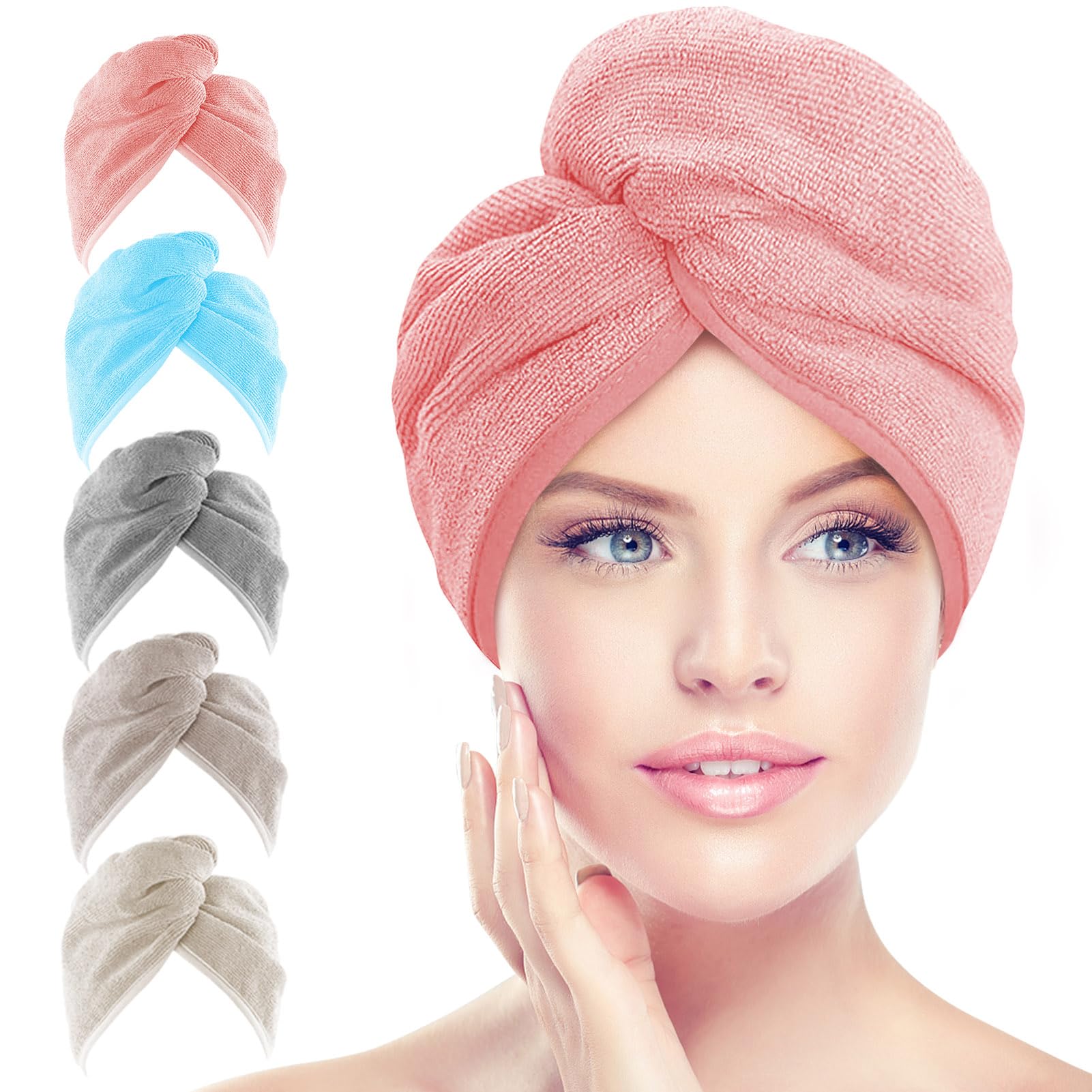 AIDEA Microfiber Hair Towel Wrap, 5 Pack Hair Turbans, Super Absorbent Quick Dry Hair Towel Wrap for All Hair Types Anti Frizz, Multicolor 26"×10"