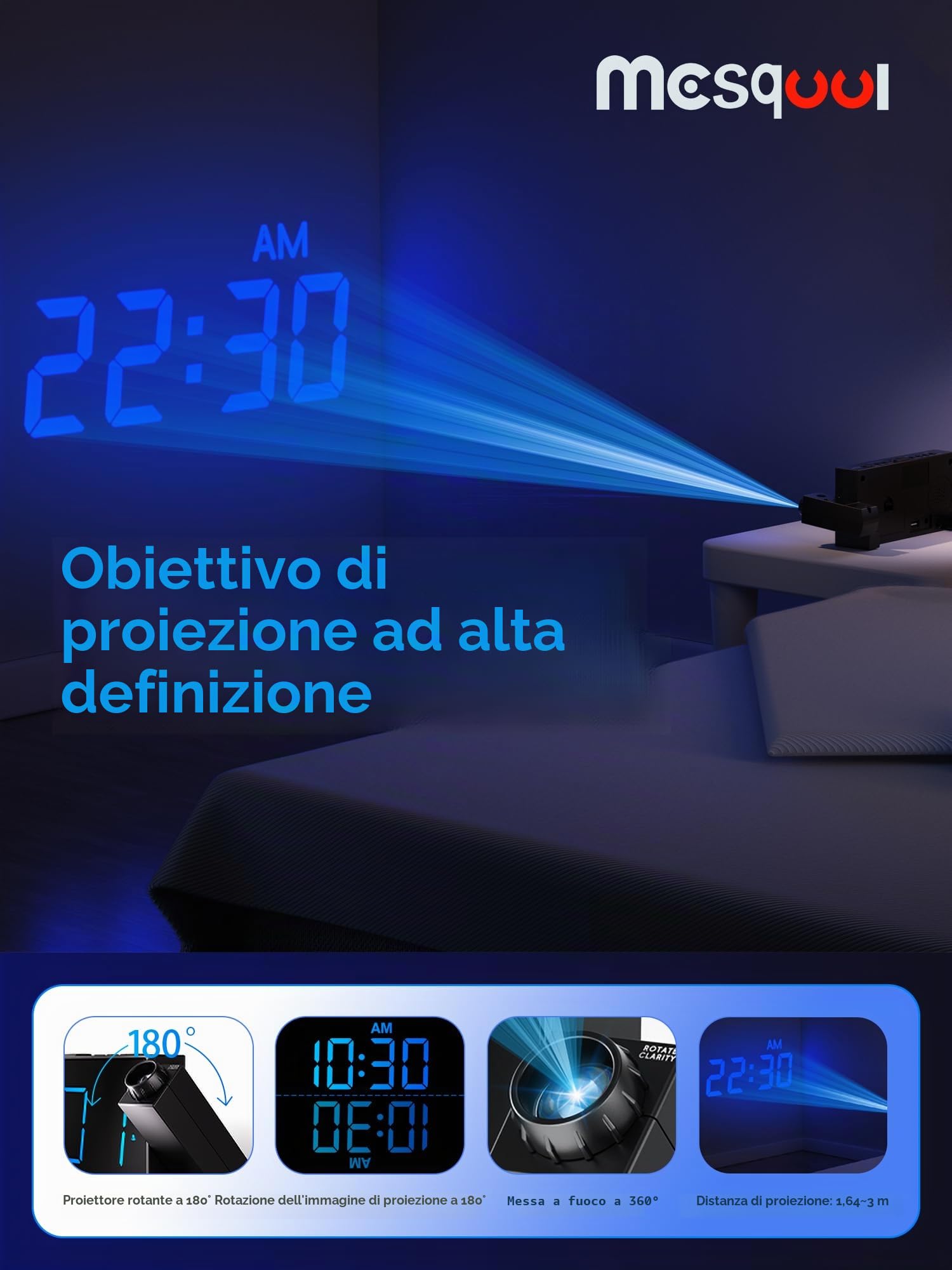 Sveglia di proiezione, display digitale da 7 pollici, doppio allarme, porta USB, volume di allarme regolabile, snooze, 12/24, backup batteria per camera da letto, soffitto, parete, casa, bambini,