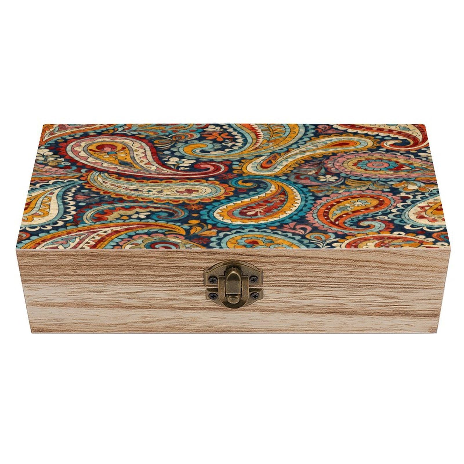 VstaDank Multi Paisley Wooden Storage Box with Hinged Lid Natural Wooden Box Beautifully Keepsake Boxes Vintage Wood Boxes Jewelry Organizer Trinket Storage Chest Unique Gift