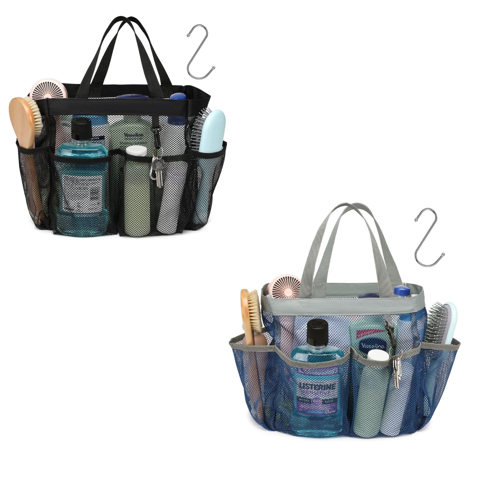 F-color Mesh Shower Caddy Portable Black Bundle and Blue Upgrade Deeper 7 Pockets Basket Bag Tote for Dorm