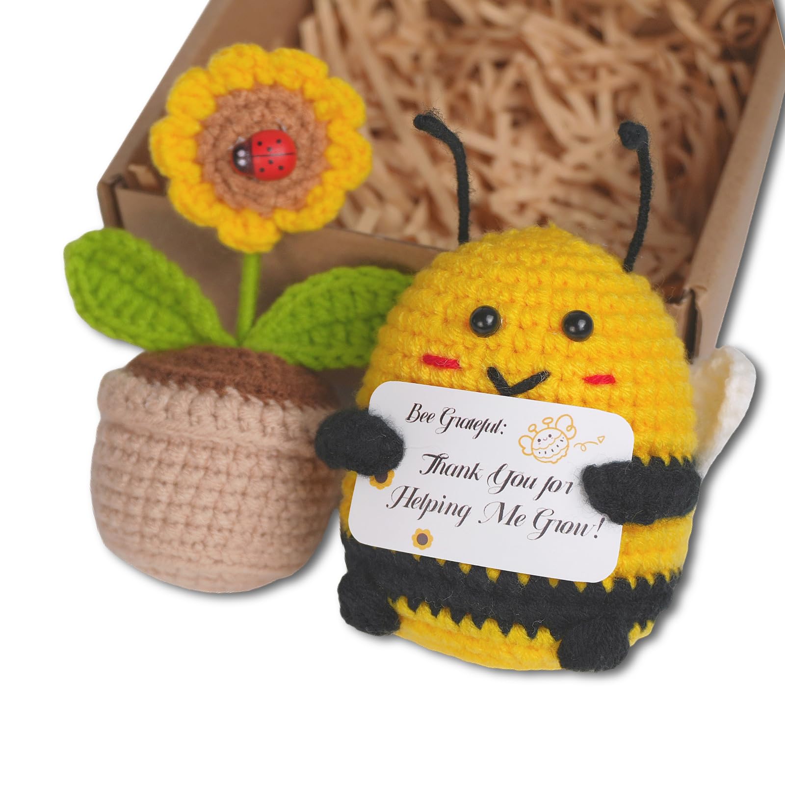 Thank You Gifts -Thank You For Helping Me Grow Teacher Gifts Cute Bee Sunflower Handmade Positive Doll Crochet with Card - Best Teacher Gift for Nursery Teacher, Teaching Assistant (1, Bee Sunflower)