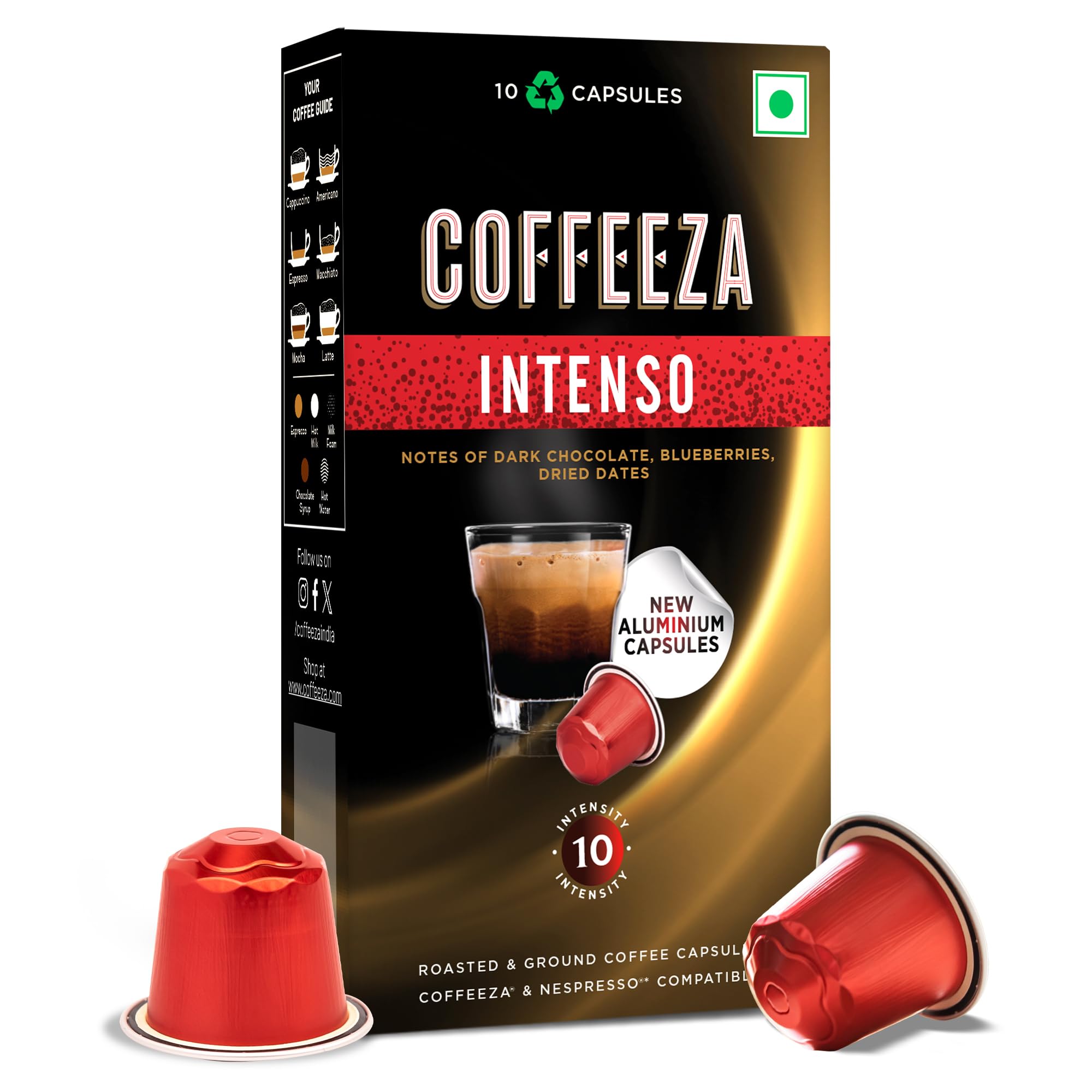COFFEEZA Intenso Aluminium Capsules, Intensity 10, Nespresso Compatible Pods Box Of 1 (10 Capsules)