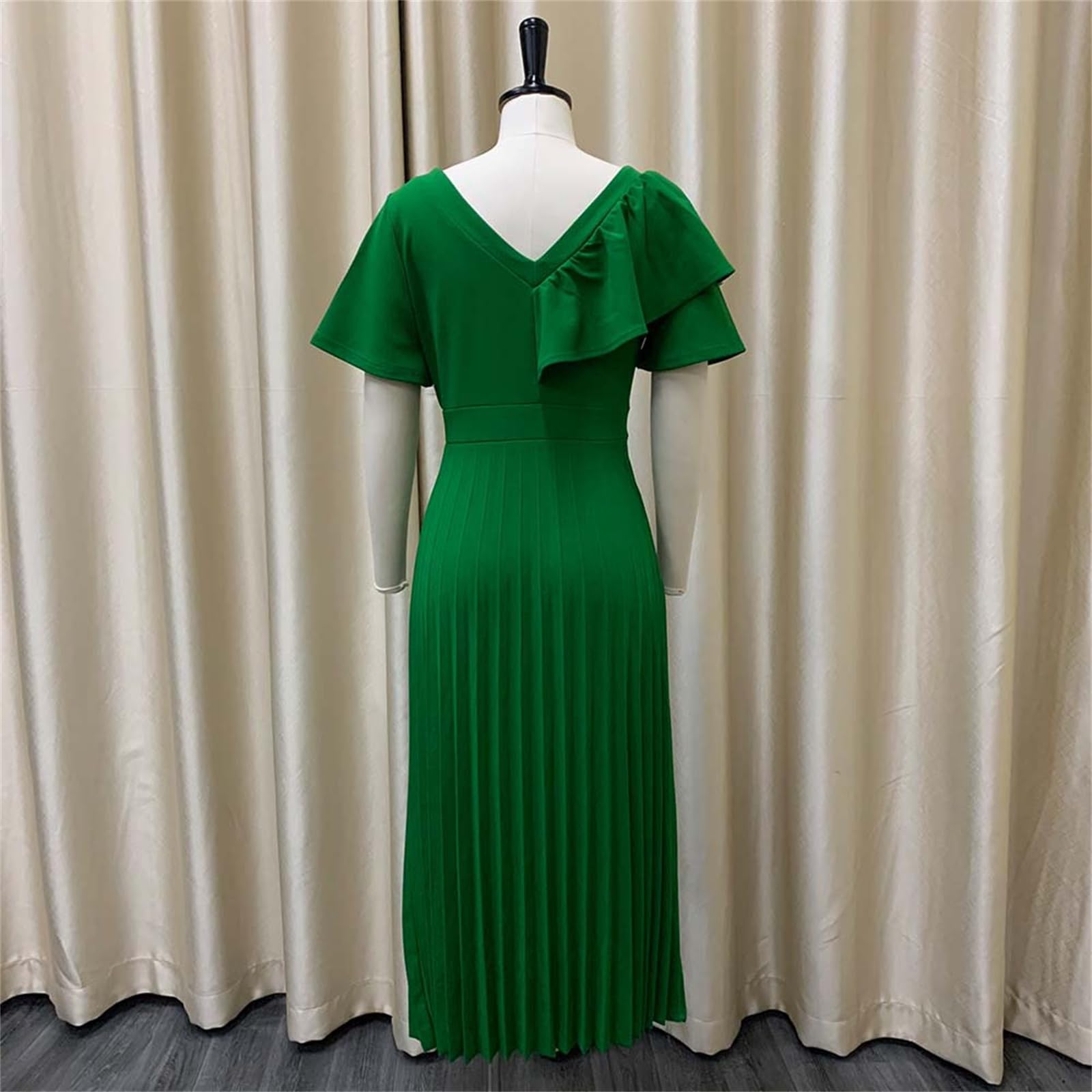 Vestido Midi Plisado para Mujer, con Mangas con Volantes, Escote en V, Cintura Alta y Estilo Casual y Fluido, Ideal para invitadas a Bodas y Fiestas