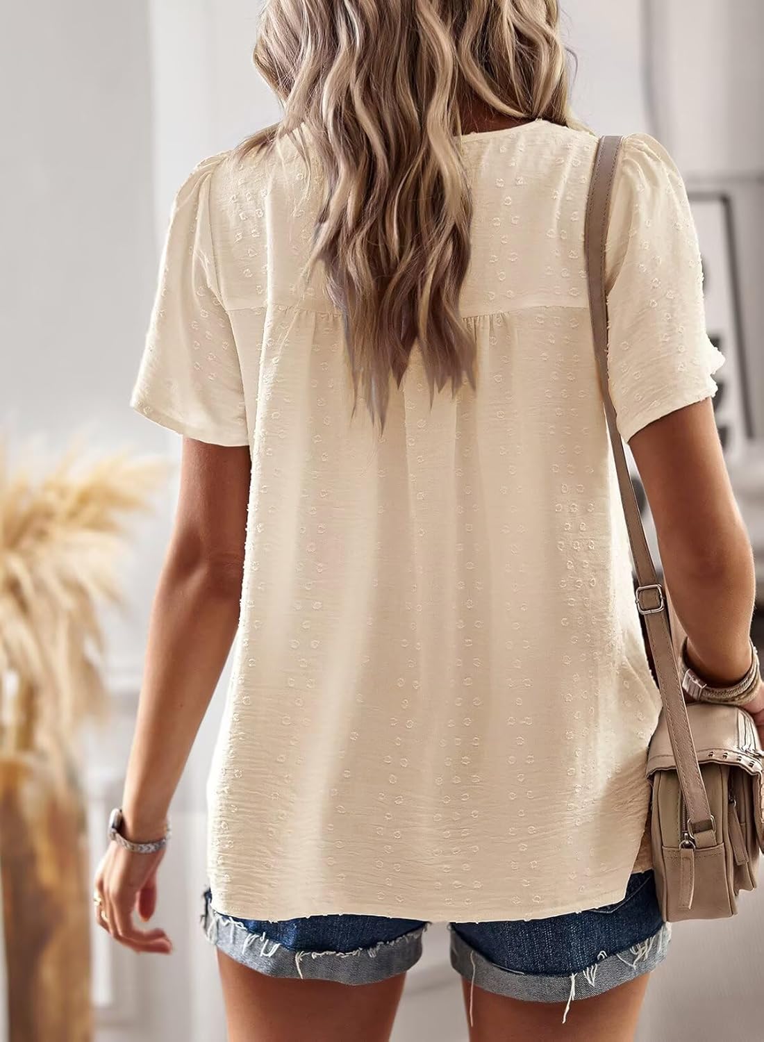 Falechay Womens Summer Tops Boho Crewneck Short Sleeve Shirts Floral Crochet Chiffon Blouses Flowy Casual Swiss Dot Clothing