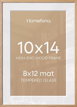 Homeforia 10x14 Picture Frame Wood, High End Natural Oak 10x14 Light Wooden Poster Frames with Mat 8x12, 10 x 14 Frames Matted to 8 x 12 Photo, 14x10 Hanging Frames, Tempered Glass, Wall Kit, Set of 1