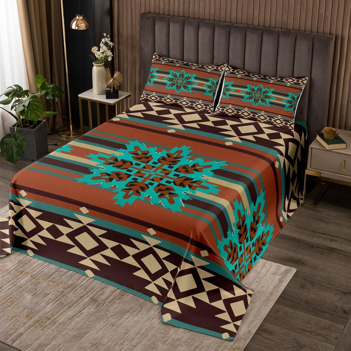 jejeloiu Western Aztec Bedspread Quilts Native American Coverlet Set Twin Size for Kids Boys Girls Geometric Quilted Coverlet for All Season with 1 Pillowcase Boho Microfiber