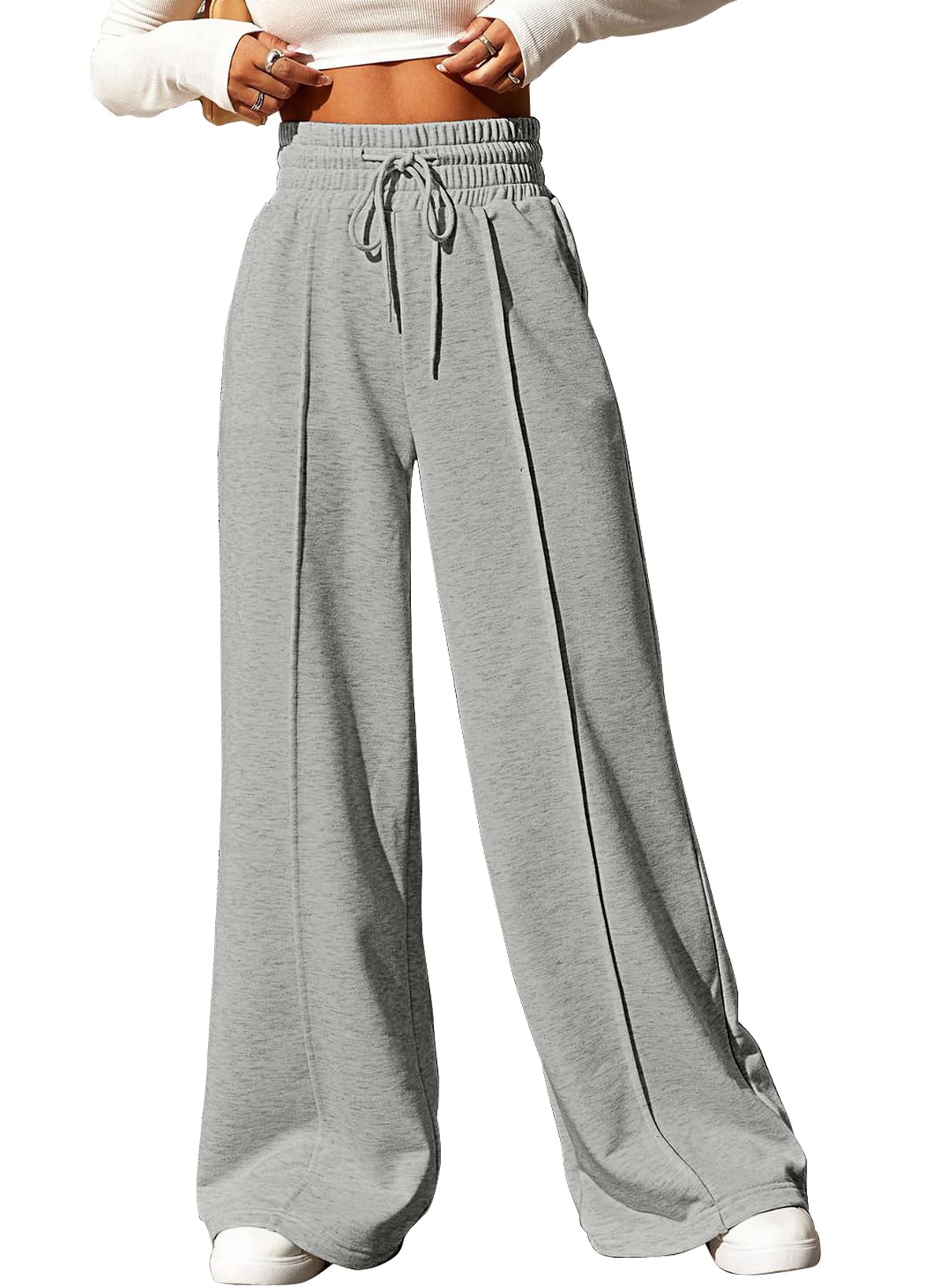 AleumdrWomen's High Waisted Drawstring Waist Wide Leg Sweatpants with Pockets Casual Loose Yoga Pants
