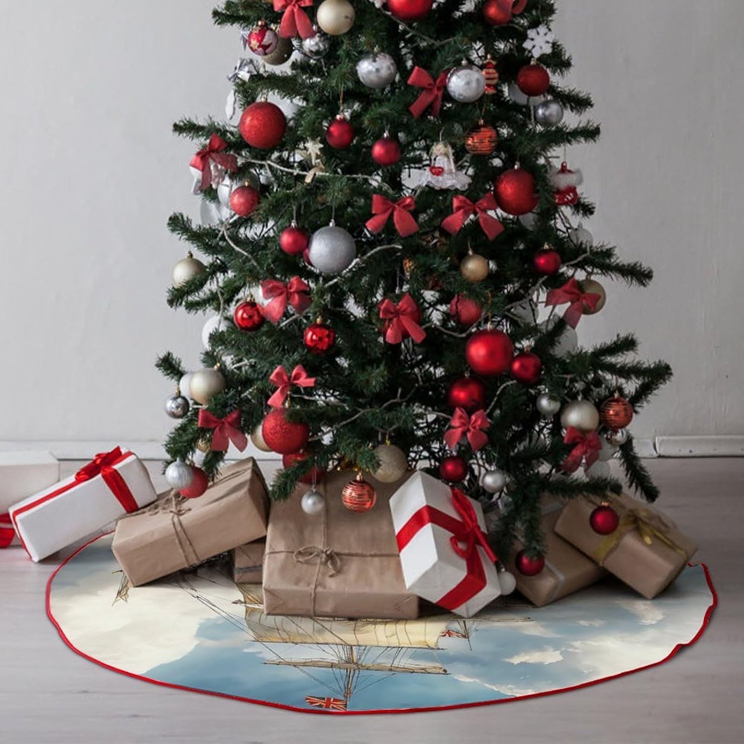 Beach Sea Sailing Boat Christmas Tree Skirt Ornaments Christmas Tree Mat for Home Party Holiday Decorations