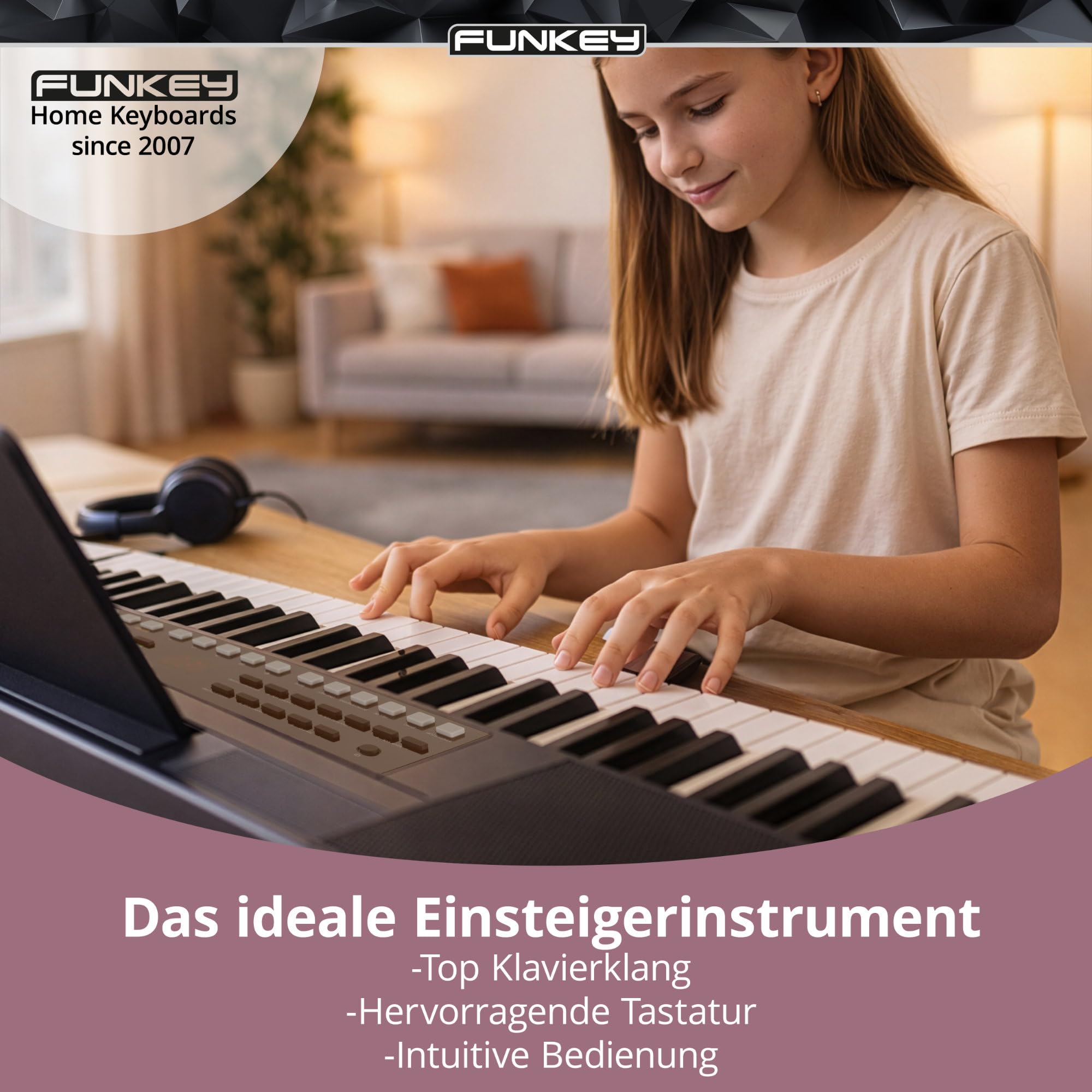 FunKey 61 MKII Keyboard Set mit 61 Tasten - 300 Sounds 300 Rhythmen 80 Demo Songs USB to Host Lernfunktion Metronom Kopfhöreranschluss inkl Ständer Bank Netzteil - Schwarz