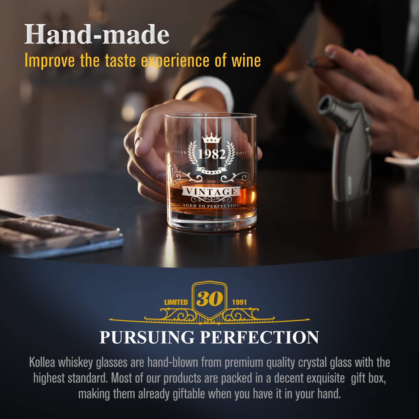 Amosking Coffret Cadeau 40 Ans Homme – Verre Whisky Vintage 1985, Pierres Granit, Boîte Bois & Carte